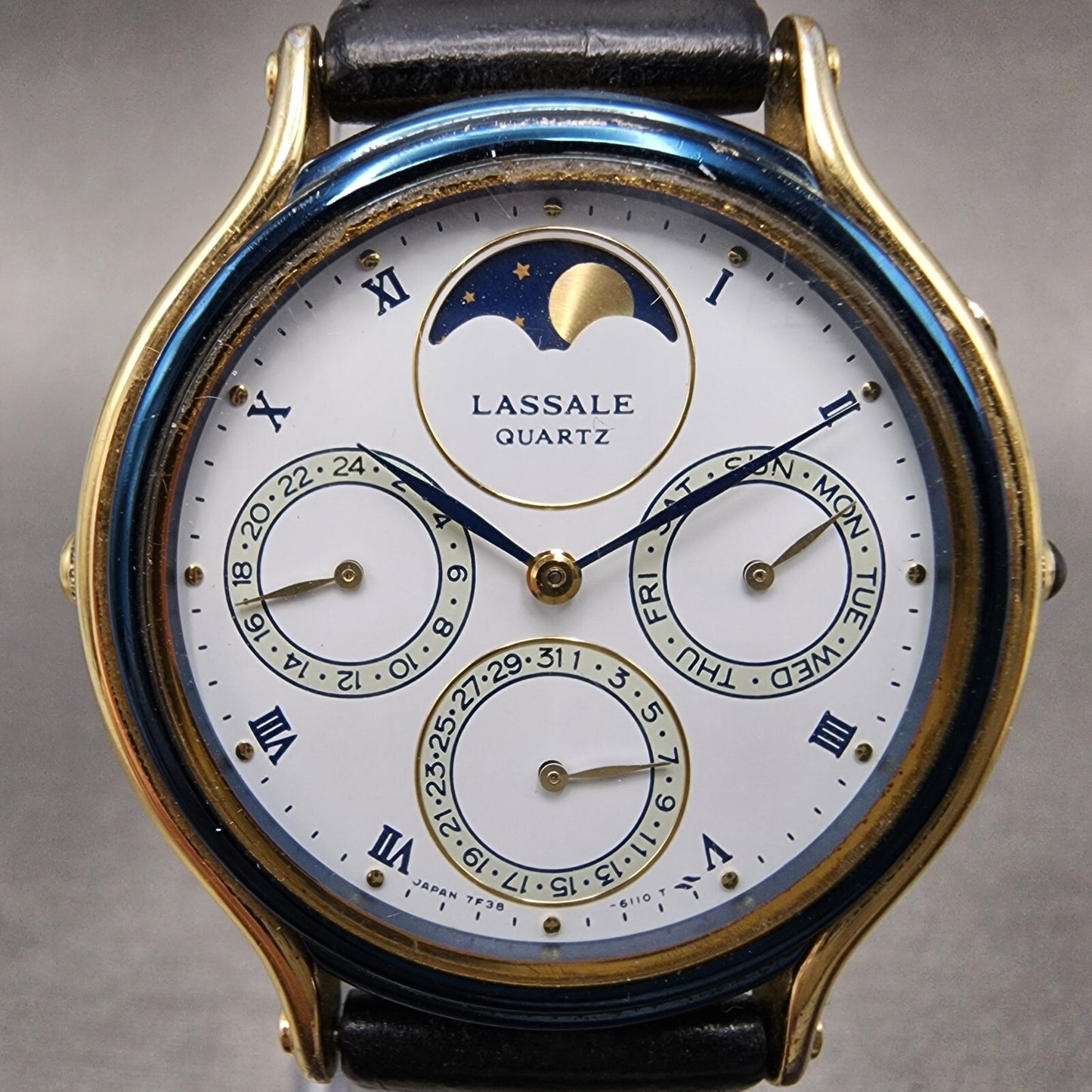 Seiko Lassale Moonphase Watch Men 34mm White Dial Gold Tone Daydate Round Newbat