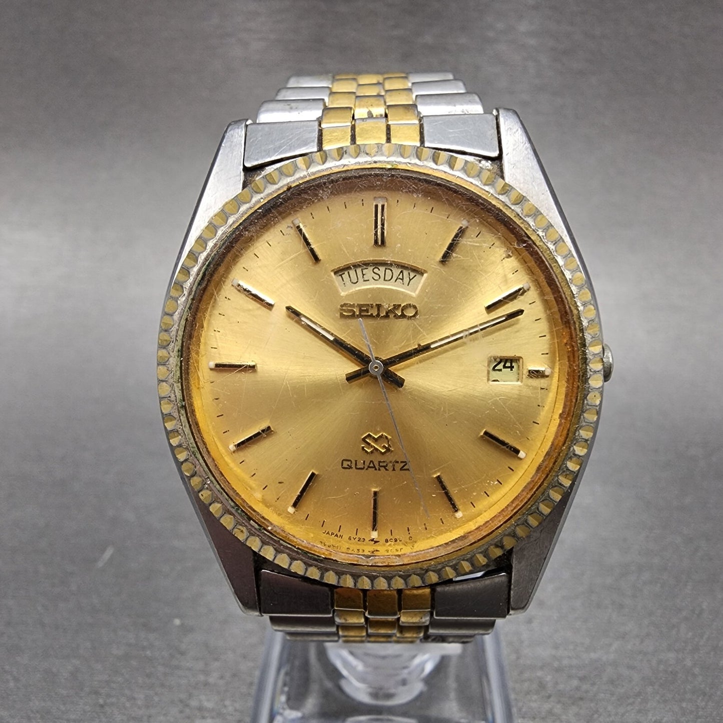 Seiko SQ President Watch Men 37mm Gold Dial Two Tone Daydate 5y23-8a69 New Batt