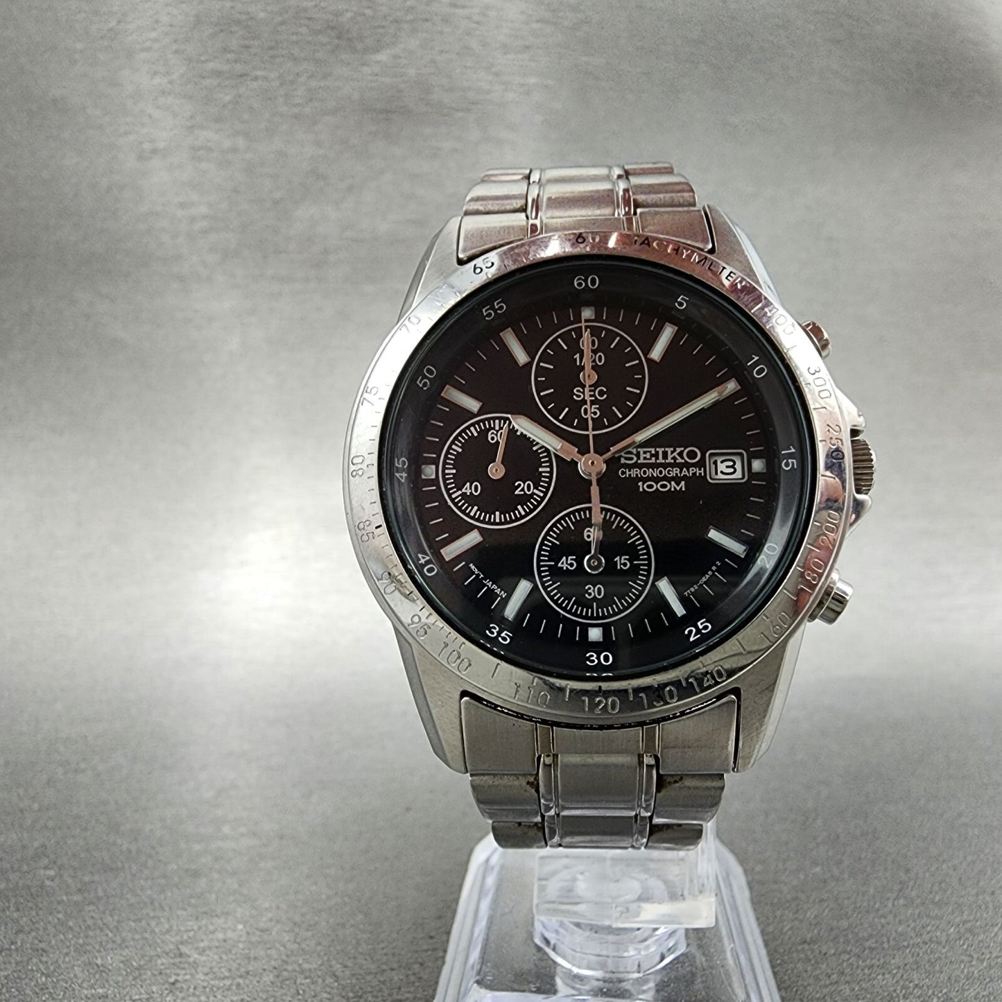Seiko Chronograph Watch Men 38mm Black Dial Silver Tone Date 7t92-0dw0 New Batt