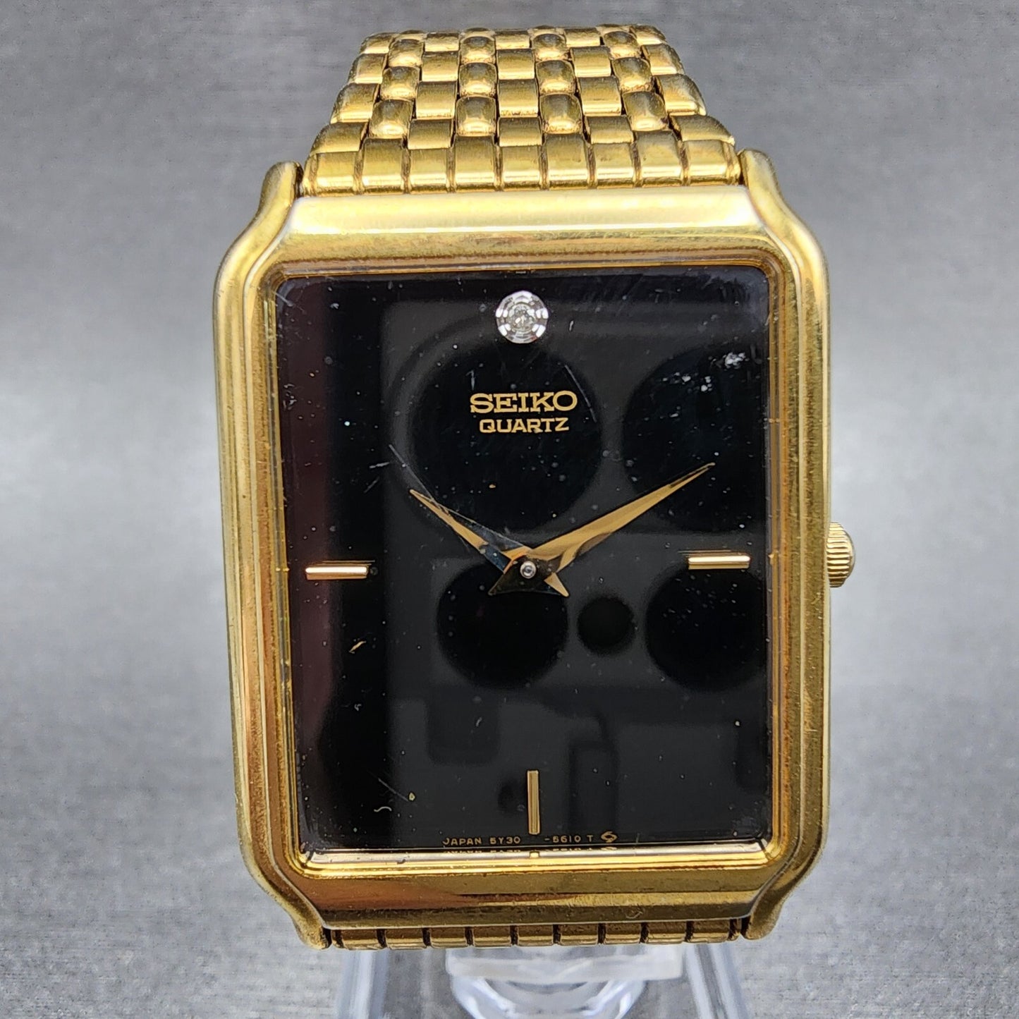 Seiko Tank Watch Men 27mm Black Dial Gold Tone Rectangle 5Y30-5189 New Battery