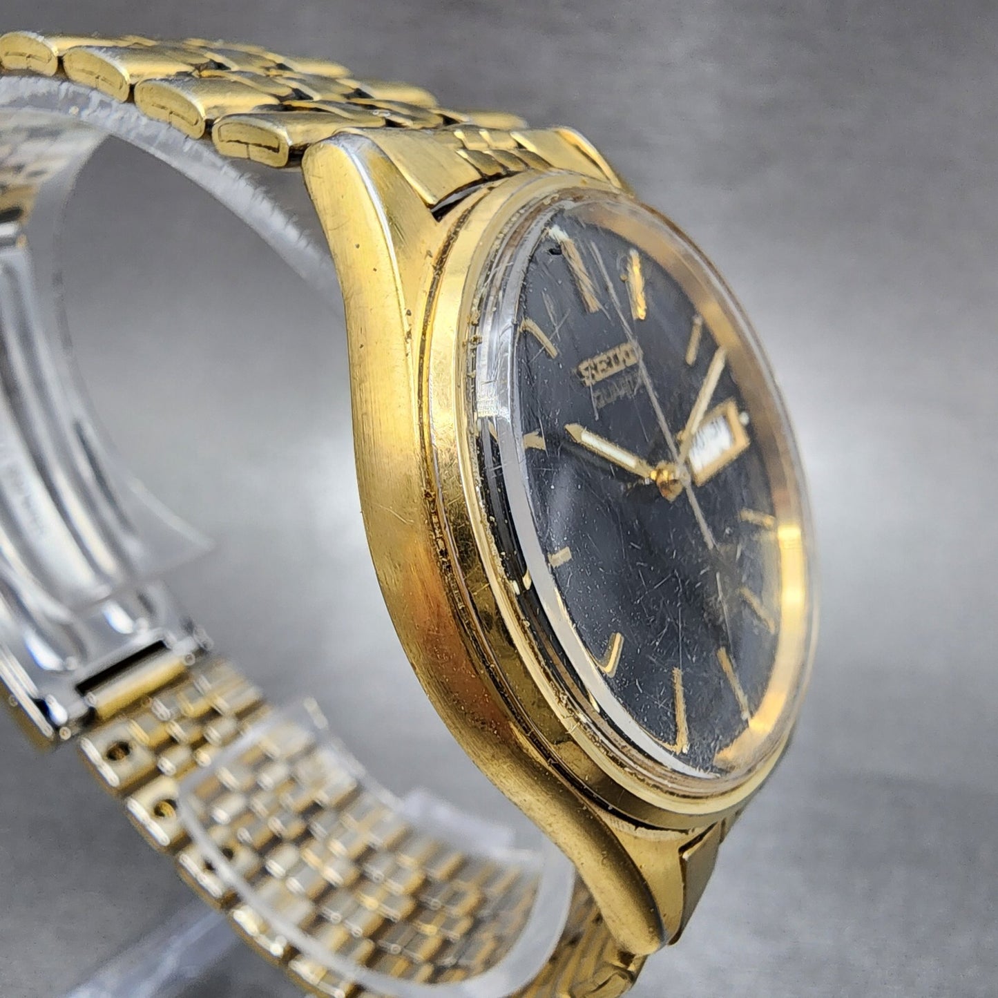 Seiko Watch Men 35mm Black Dial Gold Tone Daydate 7n43-8a39 New Battery READ