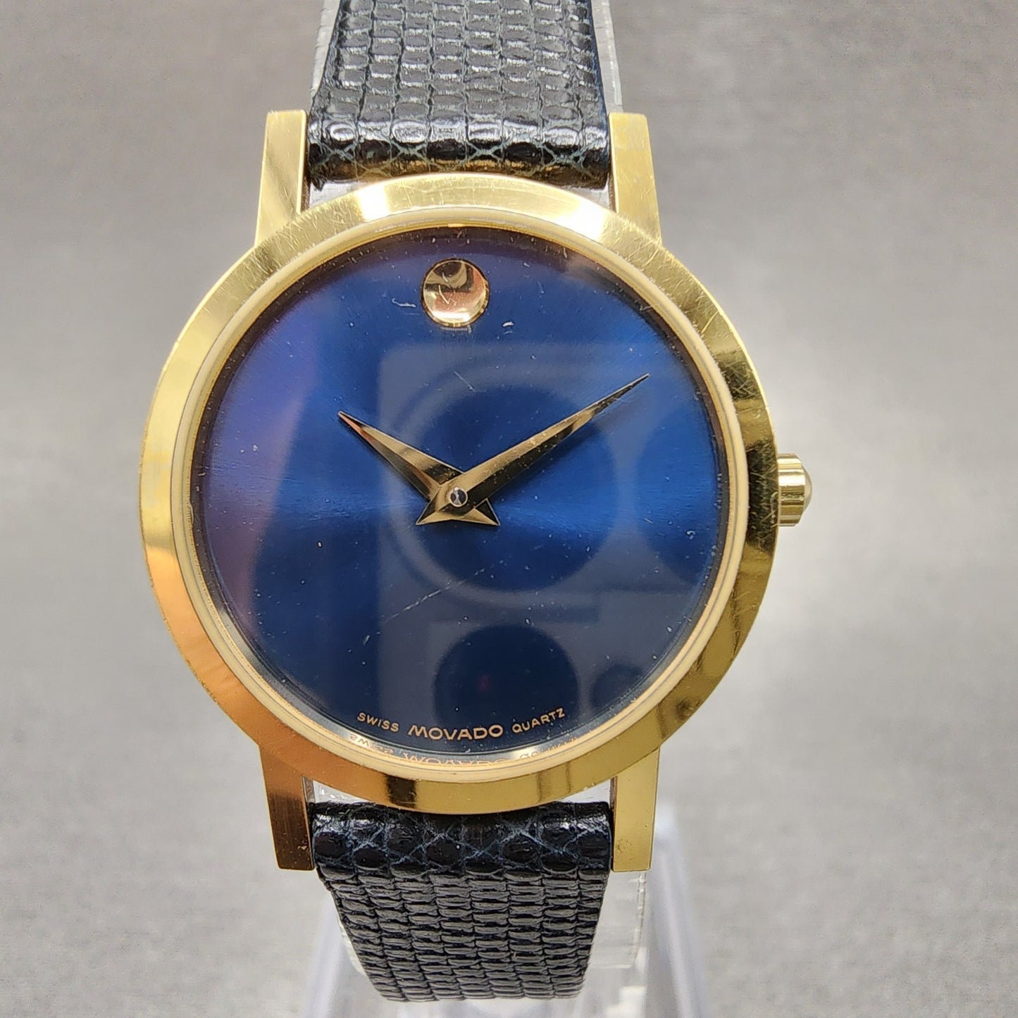 Movado Museum Watch Women 25mm Blue Dial Gold Plated Round Lizard Band New Batt