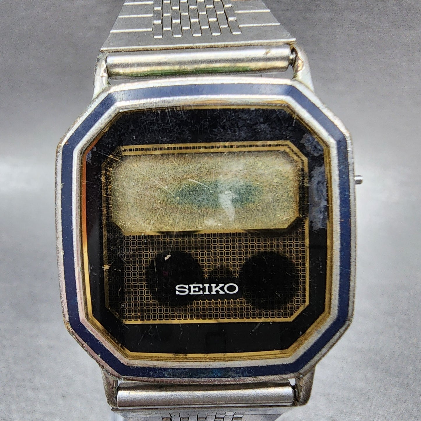 Seiko Digital Watch Men 29mm LCD Silver Tone Octagon F441-4010 Thin PARTS