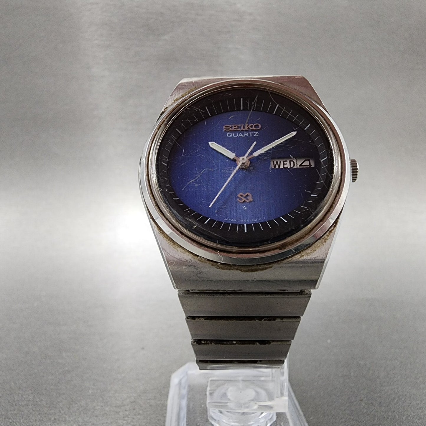 Seiko SQ Watch Men 35mm Blue Dial Silver Tone Daydate 7546-8200 New Battery