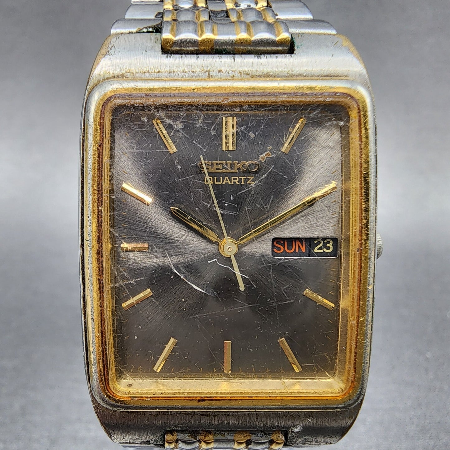 VTG Seiko Tank Watch Men 28mm Gray Dial Two Tone Daydate Rectangle New Battery
