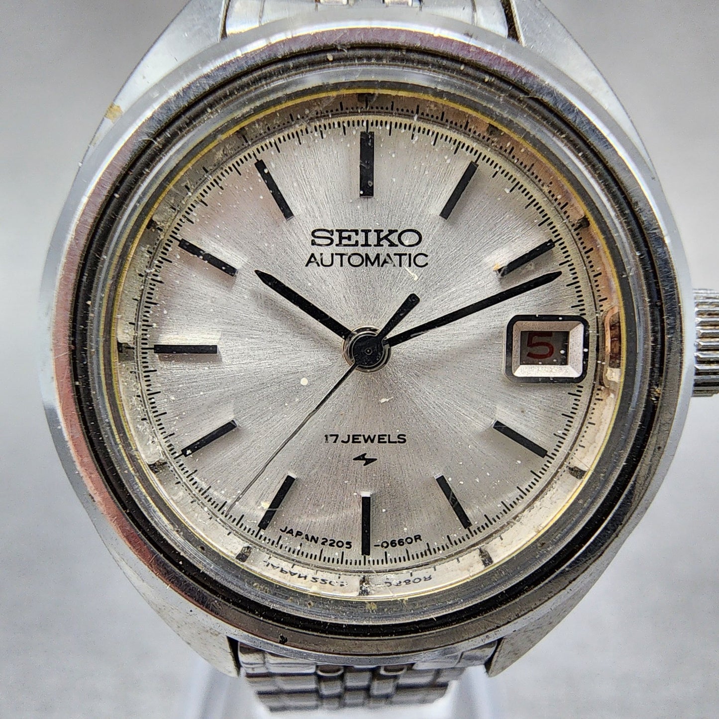 Seiko Automatic Watch Women 25mm Silver Dial Silver Tone Date 2205-0420 Runs