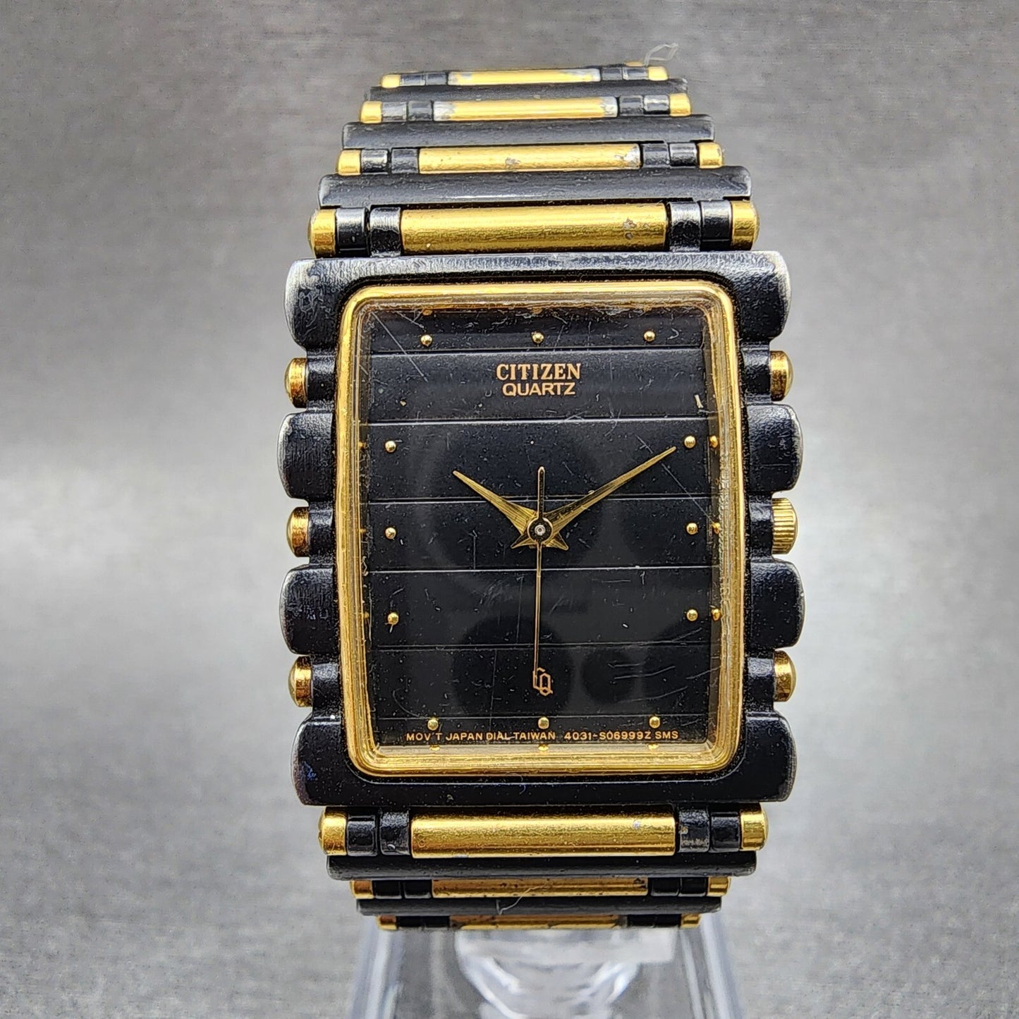 Citizen CQ Tank Watch Men 25mm Black Dial Two Tone Rectangle 2830-998851 New Bat