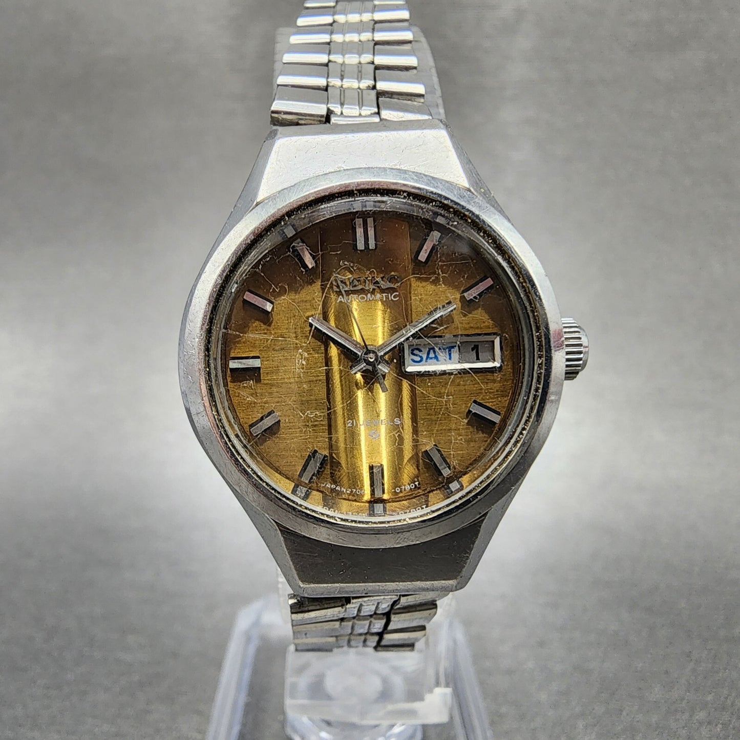 Seiko Automatic Watch Women 26mm Yellow Dial Silver Tone Daydate 2706-0260 Runs