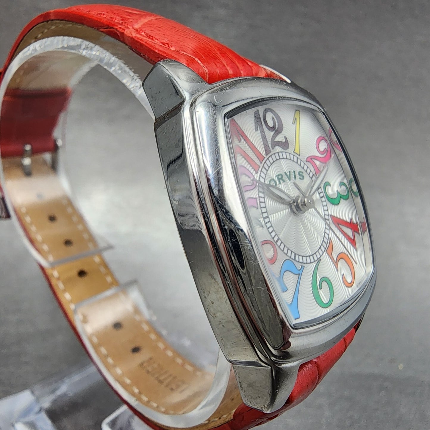 Orvis Watch Women 30mm Silver Dial Silver Tone Rectangle Red Band New Battery
