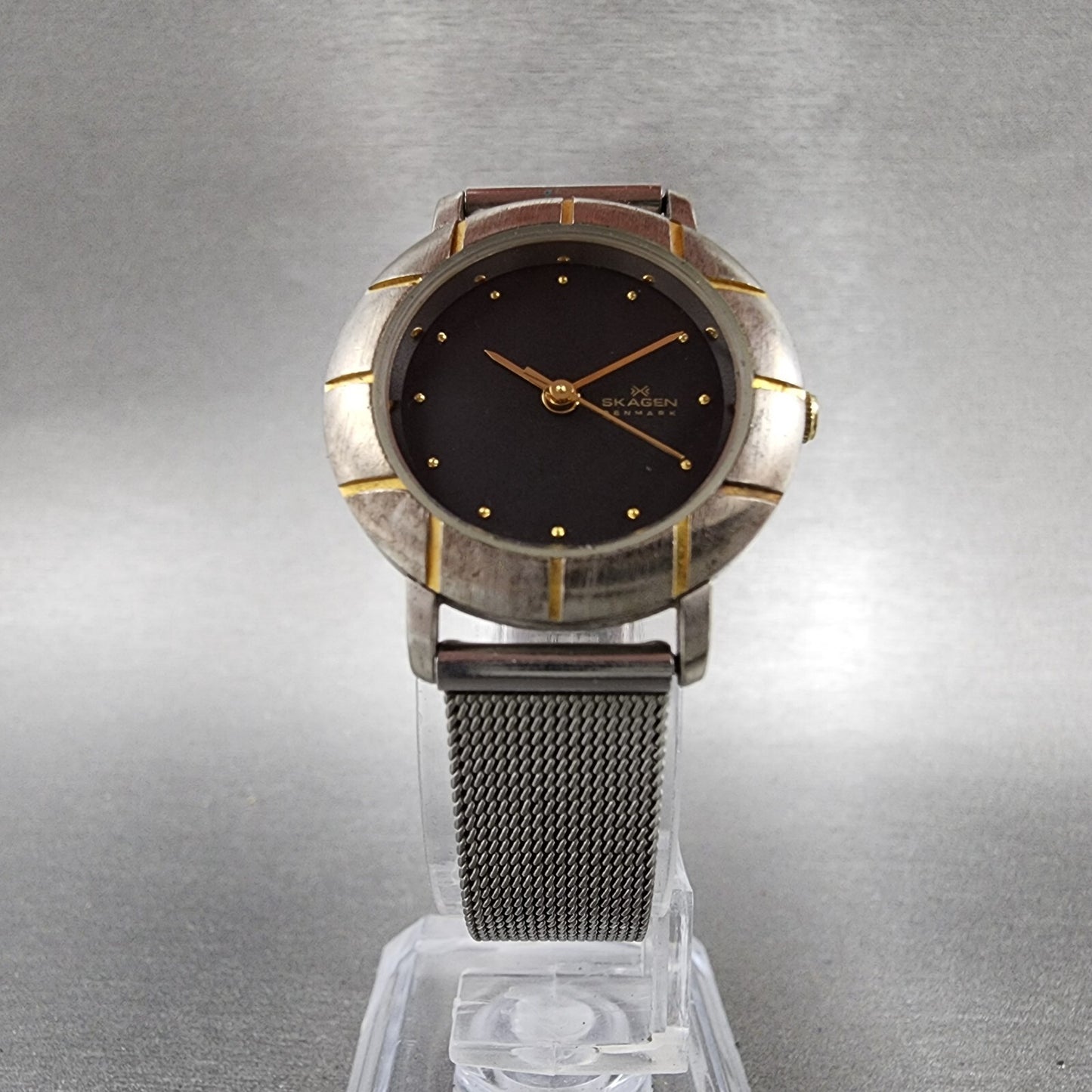 Skagen Watch Women 25mm Black Dial Two Tone Round 3SGSB Mesh Nand New Battery