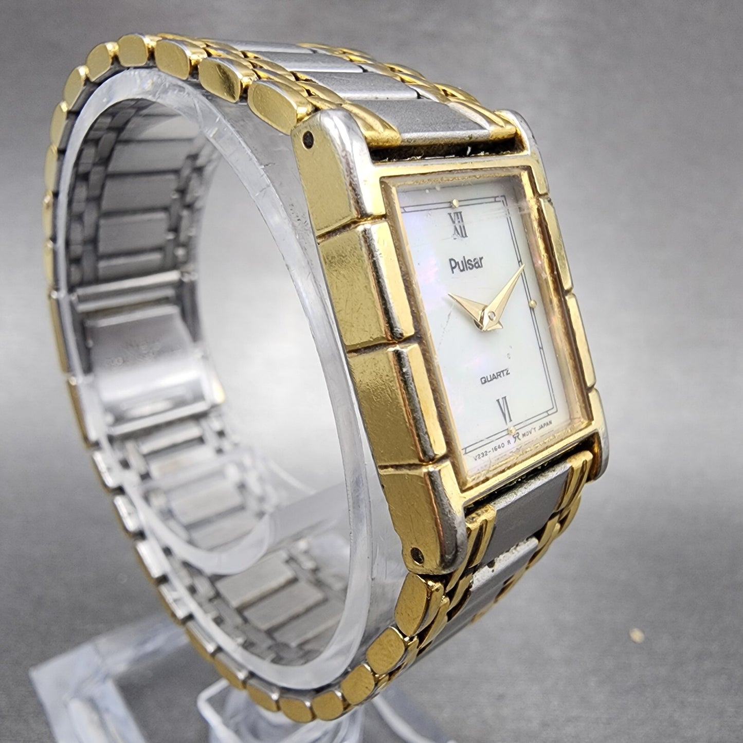 Pulsar Tank Watch Women 17mm MOP Dial Two Tone Rectangle V232-6050 New Battery