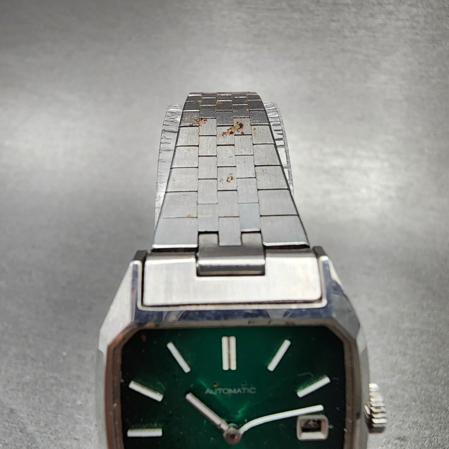VTG Seiko Delica Tank Watch Women 25mm Green Dial Date Steel NO CRYSTAL Runs