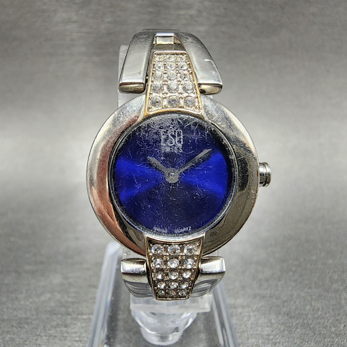 ESQ Tank Watch Women 23mm Blue Dial Silver Tone Crystal Bezel E5226 New Batt