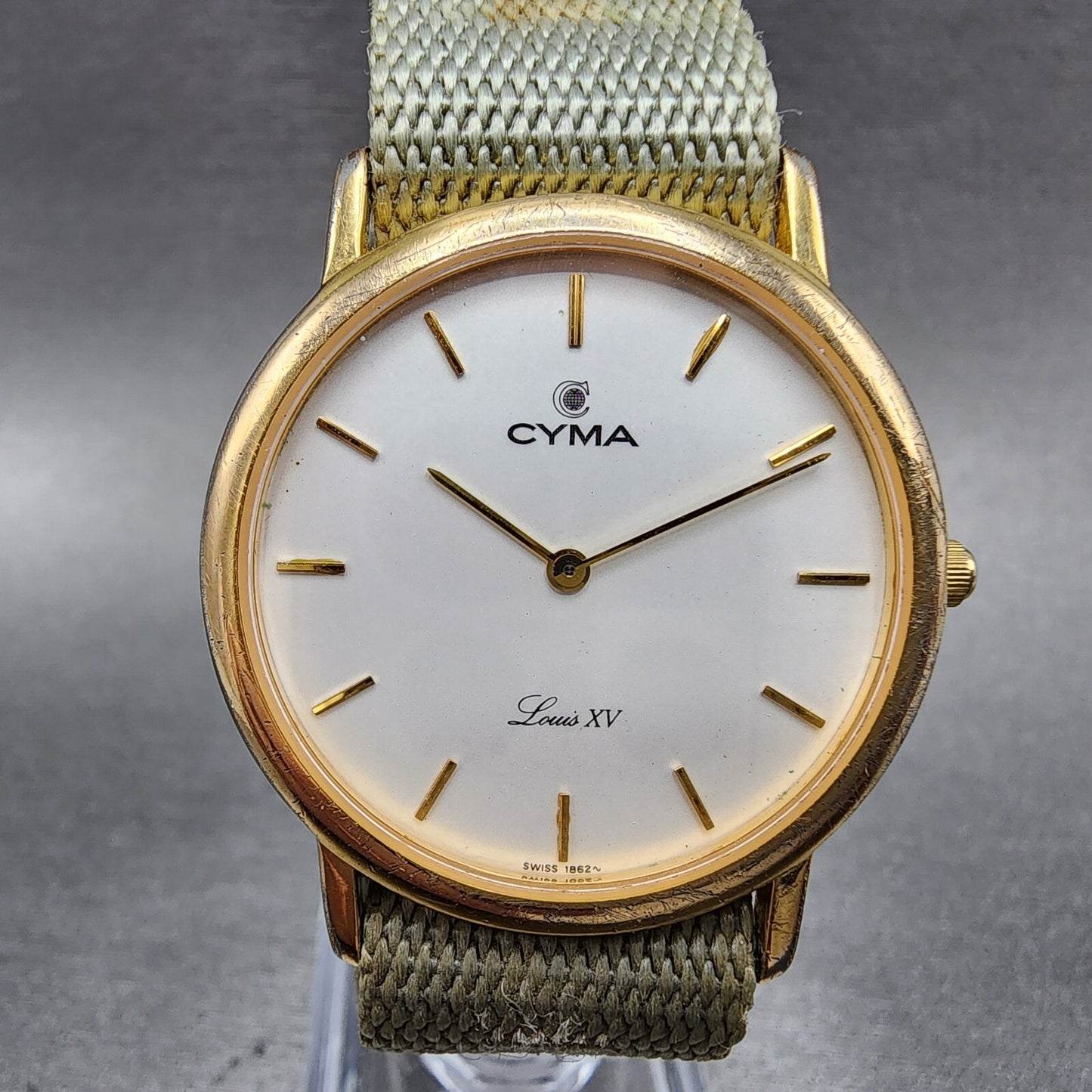 Cyma Louis XV Watch Men 32mm White Dial Gold Tone Round Nato Strap New Battery
