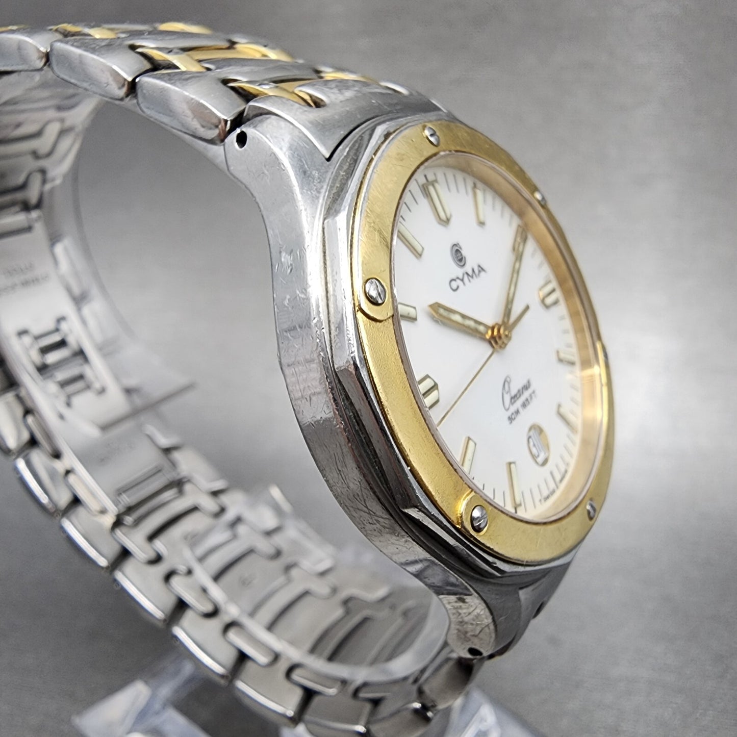 Cyma Oceana Watch Men 36mm White Dial Two Tone Date New Battery