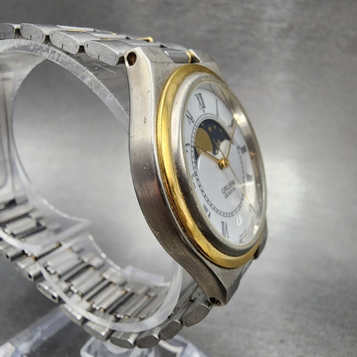 Gruen Moonphase Watch Men 34mm White Dial Two Tone Date Round New Battery