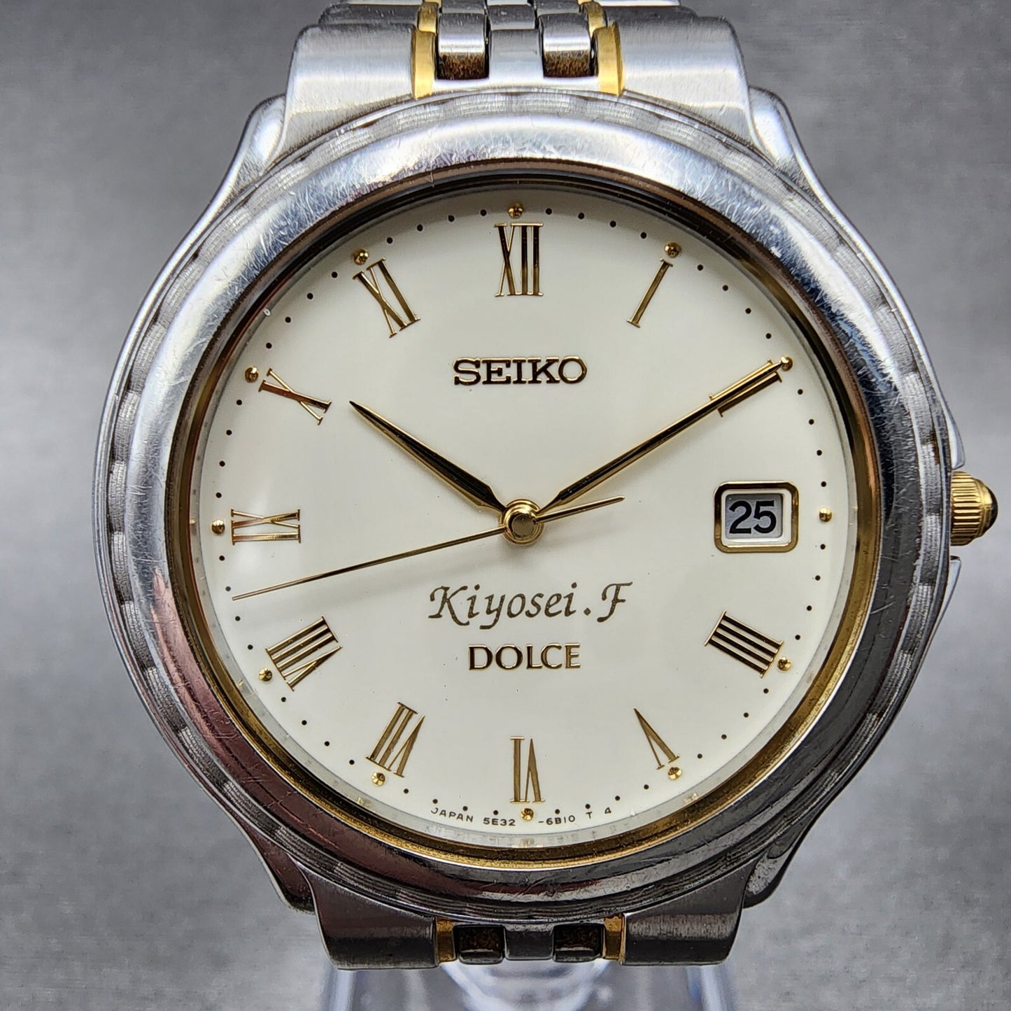 Seiko Dolce Watch Men 35mm White Dial Two Tone Round Date 5e32-6b00 New Battery
