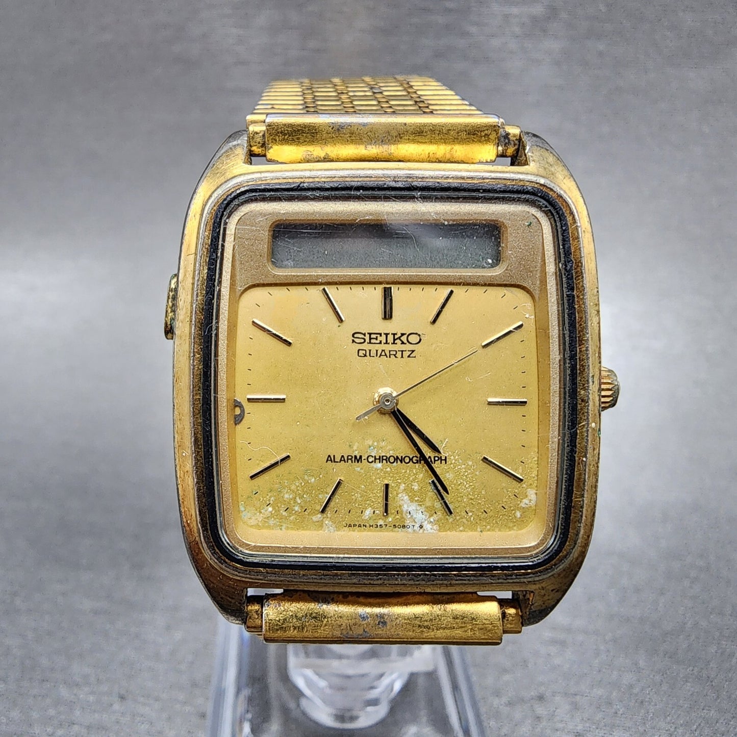 Seiko Analog Digital Watch Men 31mm Gold Dial Gold Tone Rectangle H357-5029 PART