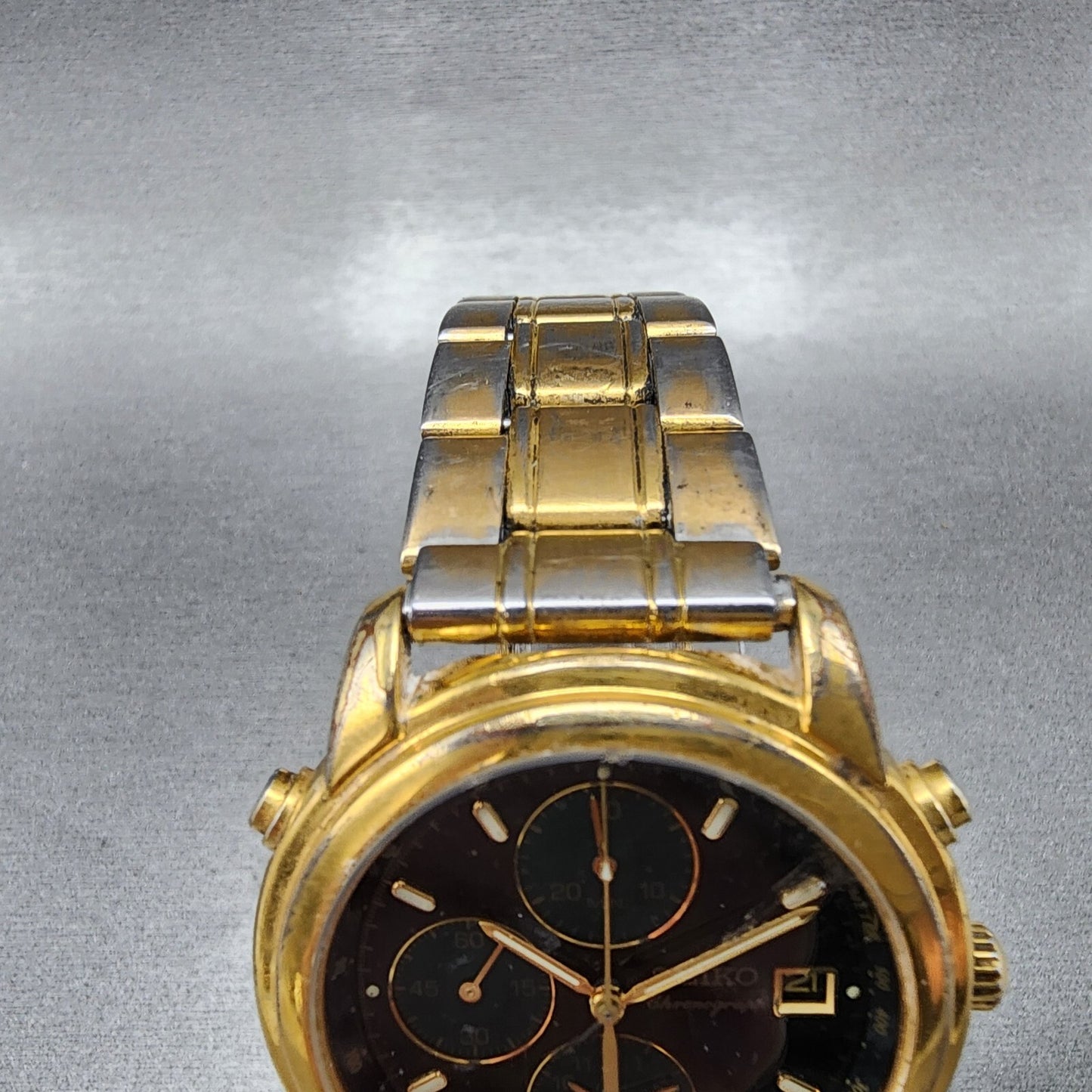 Seiko Chronograph Watch Men 37mm Black Dial Gold Date Alarm 7T32-6G40 READ!!!!!!
