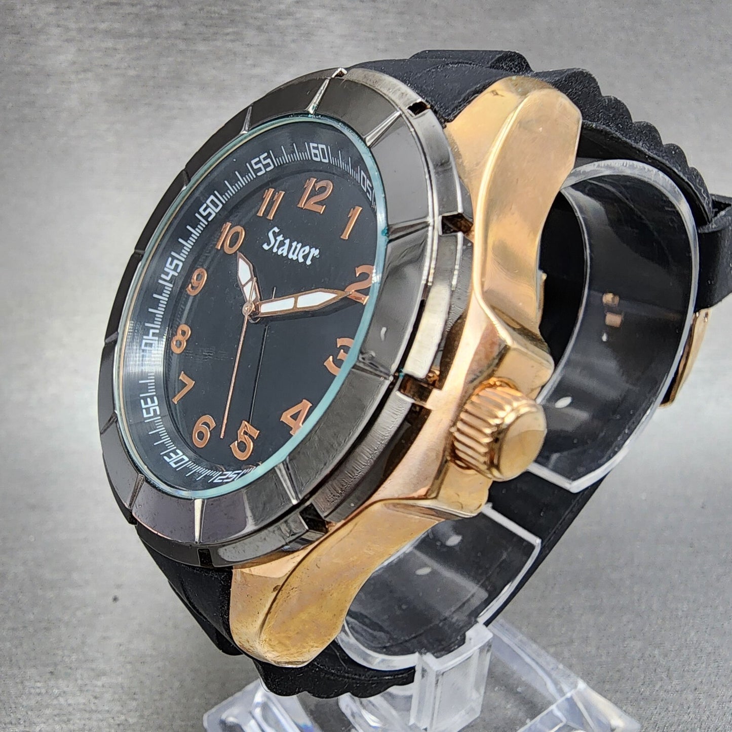Stauer Blazon Watch Men 36mm Black Dial Rose Gold Tone Round 23523 New Battery
