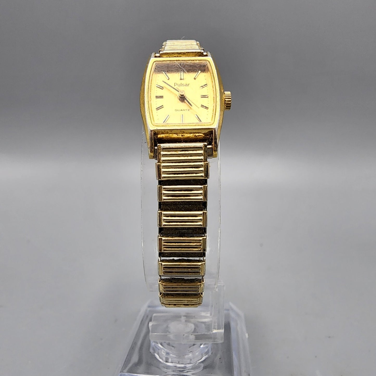VTG Pulsar Watch Women Gold Tone Rectangle 16mm V233-5100 Stretch Band New Batt