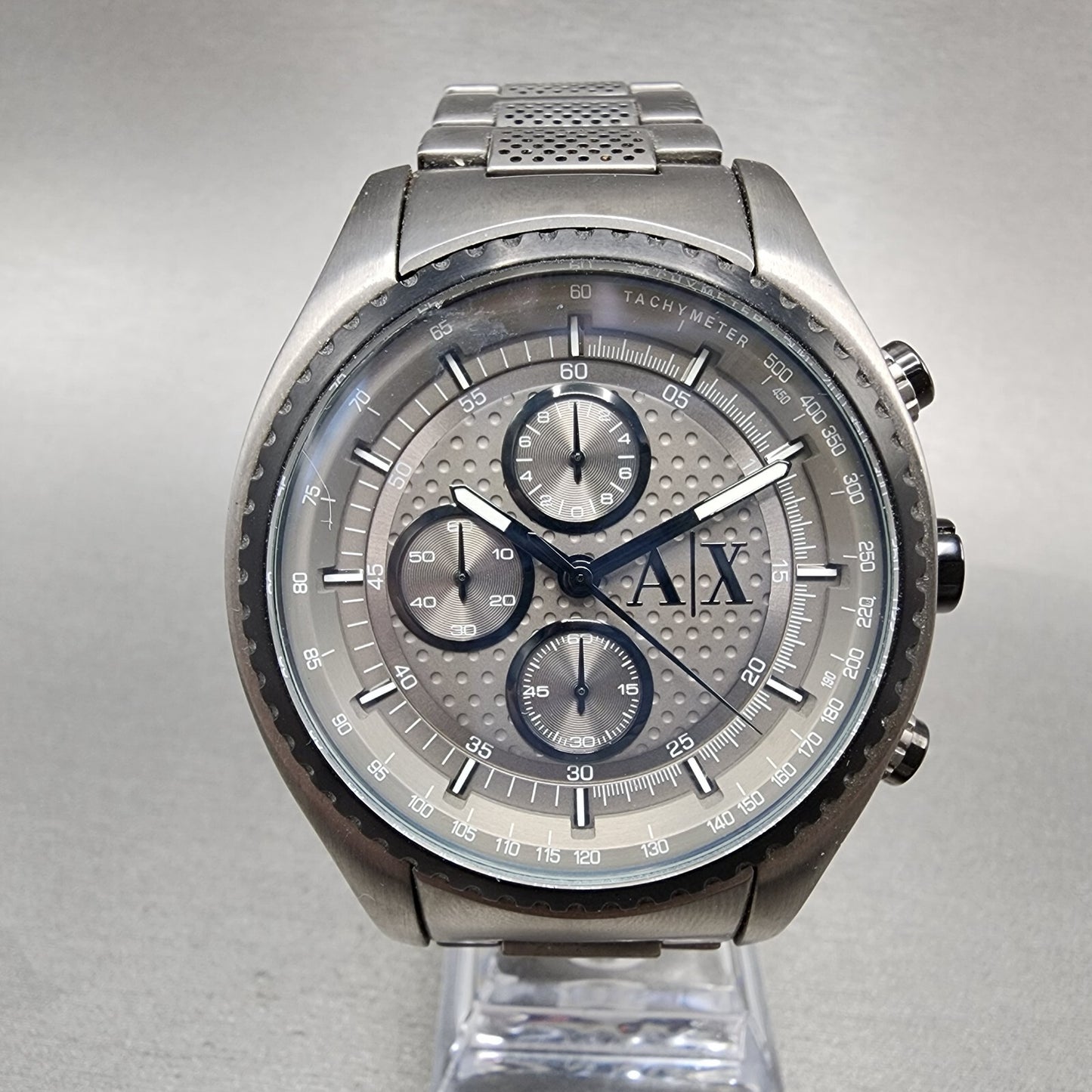 Armani Exchange Chronograph Watch Men 45mm Gray Dial Gunmetal Case Round New Bat