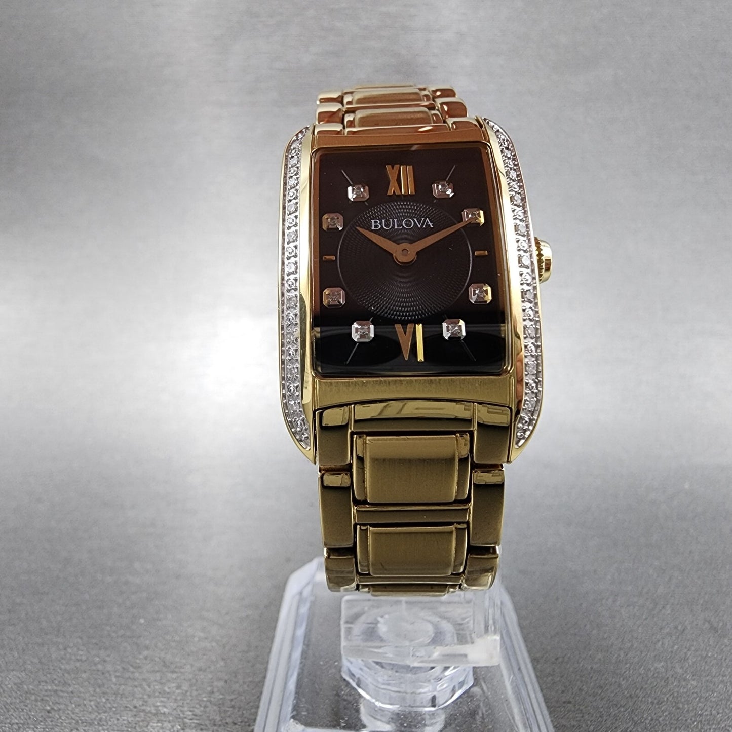 Bulova Sutton Tank Watch Women Black Dial Gold Tone Diamond Bezel New Battery