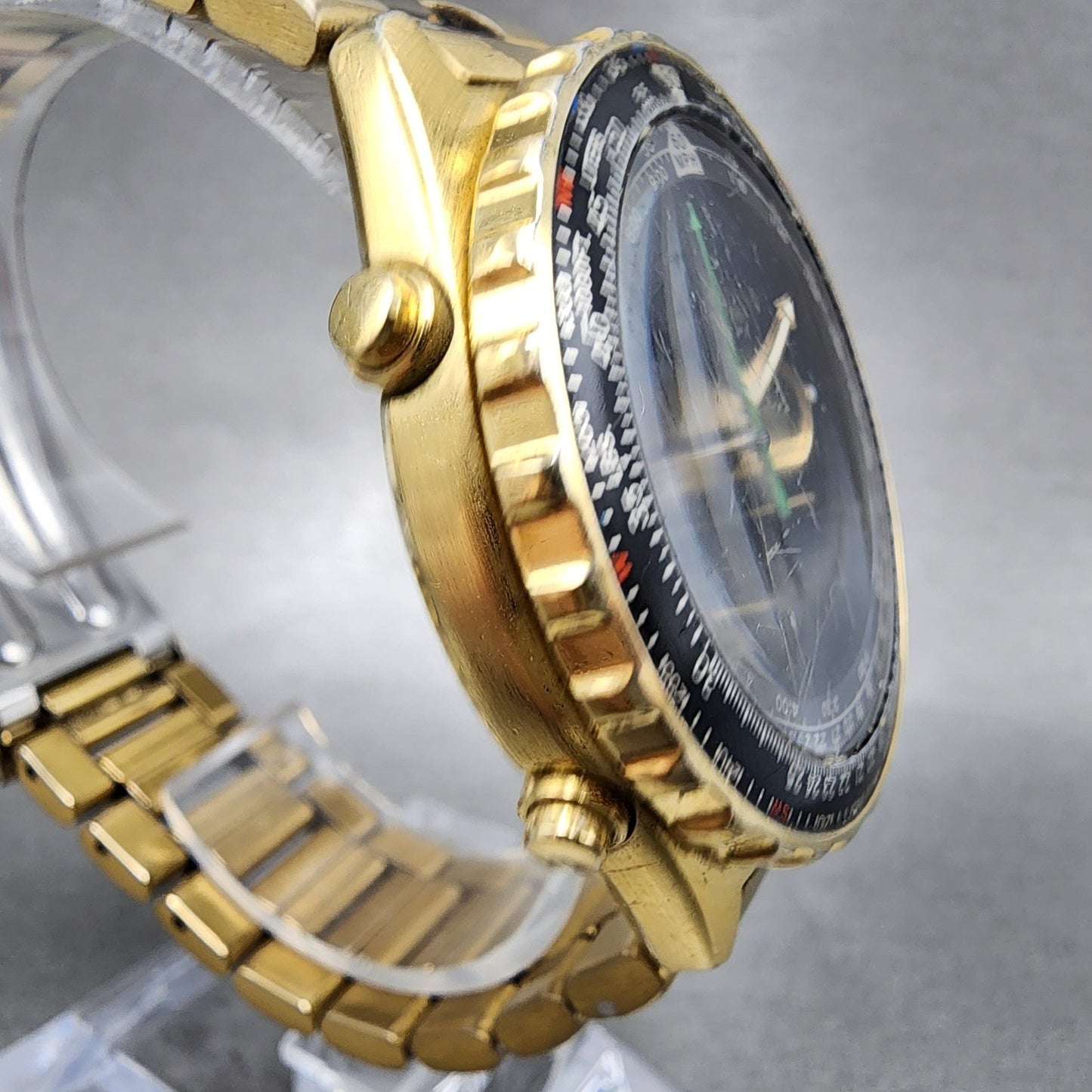 Seiko Flightmaster Chronograph Watch Men 41mm Black Dial Gold Tone READ New Batt