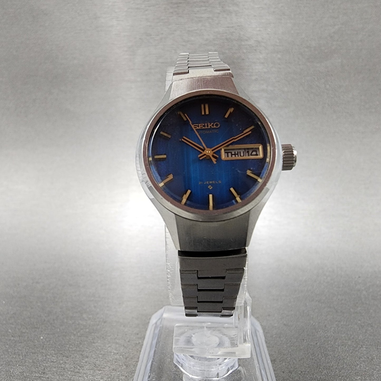 Seiko Automatic Watch Women 24mm Blue Dial Silver Tone Daydate 2706-0310 Runs
