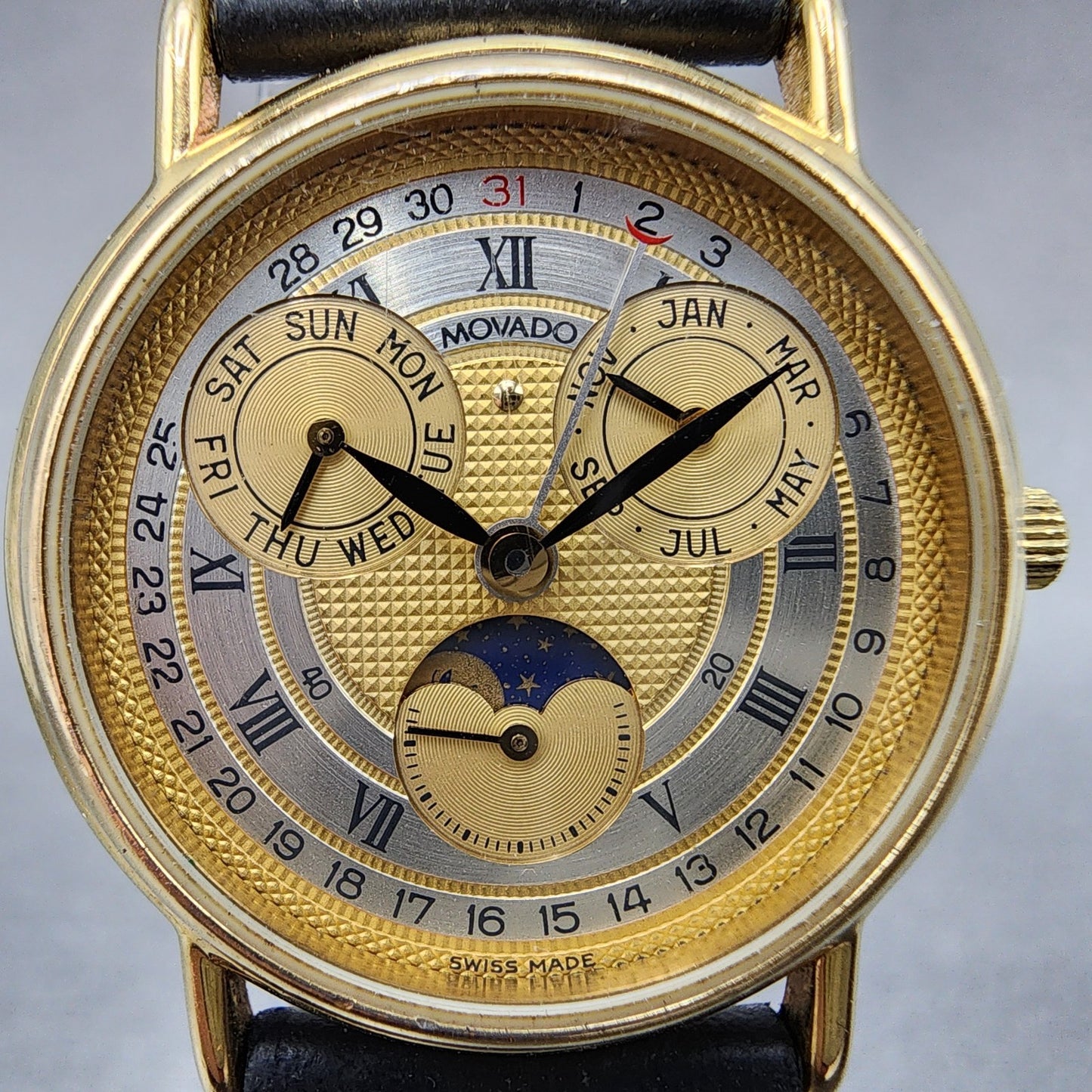 Movado Triple Calendar Moonphase Watch Women 28mm Gold Dial Gold Runs 87-03-822