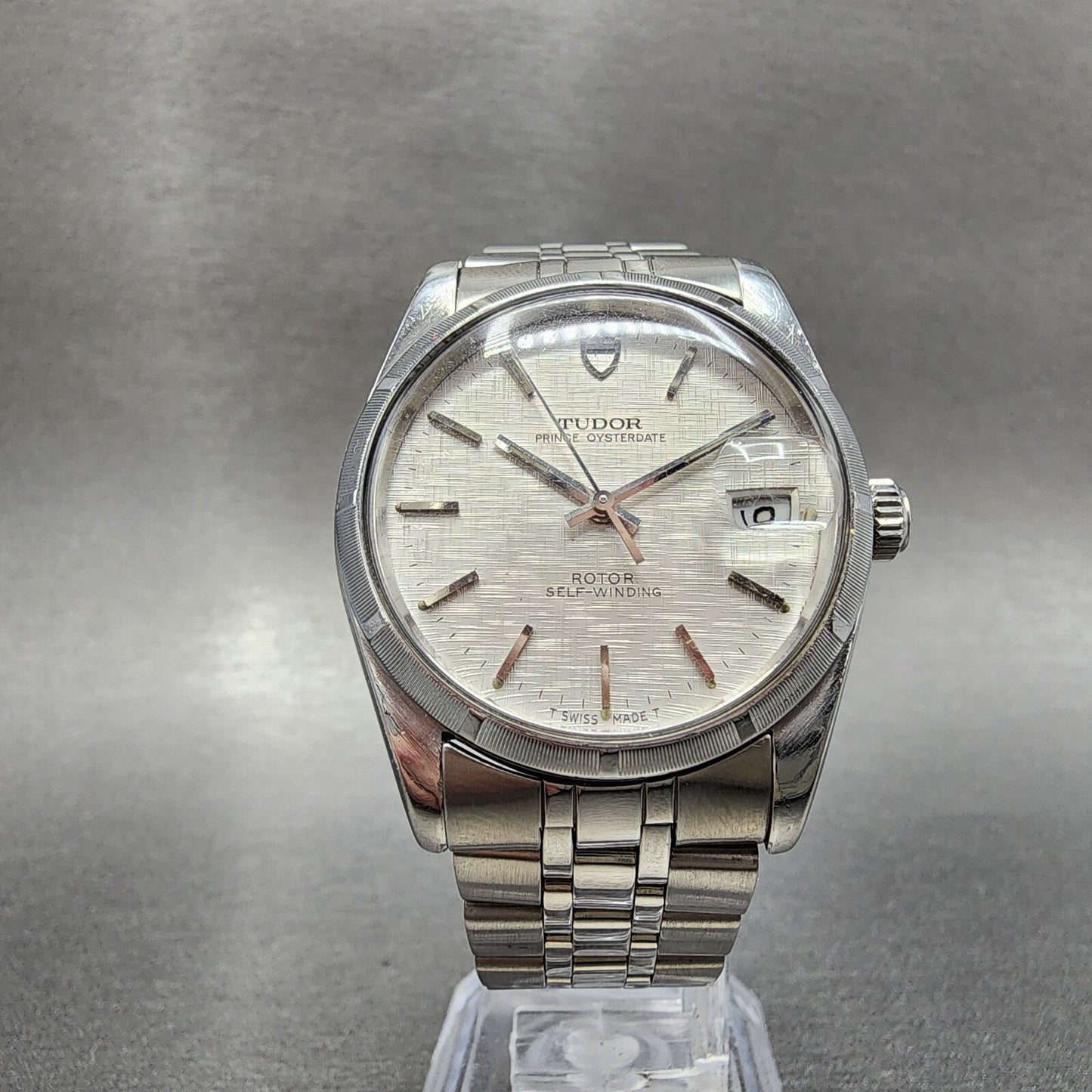 Tudor Prince Oysterdate Watch Men 35mm Linen Champagne Dial Steel Fluted Bezel
