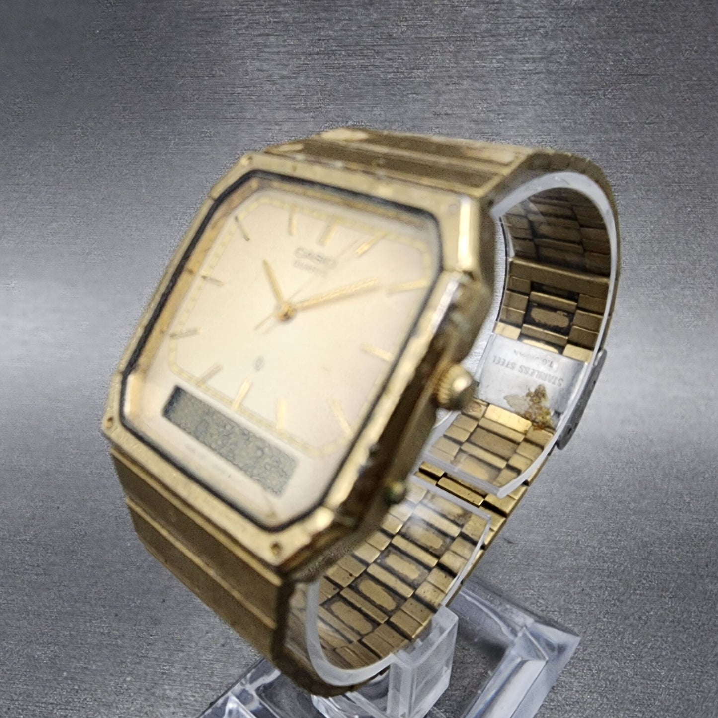 Casio AQ-412G Watch Men 30mm Analog Digital Alarm Chrono Octagon READ New Batt