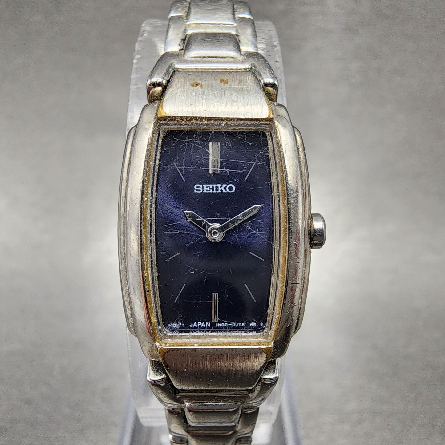 VTG Seiko Watch Women 16mm Blue Dial Silver Tone Rectangle 1N00-0GA0 New Battery