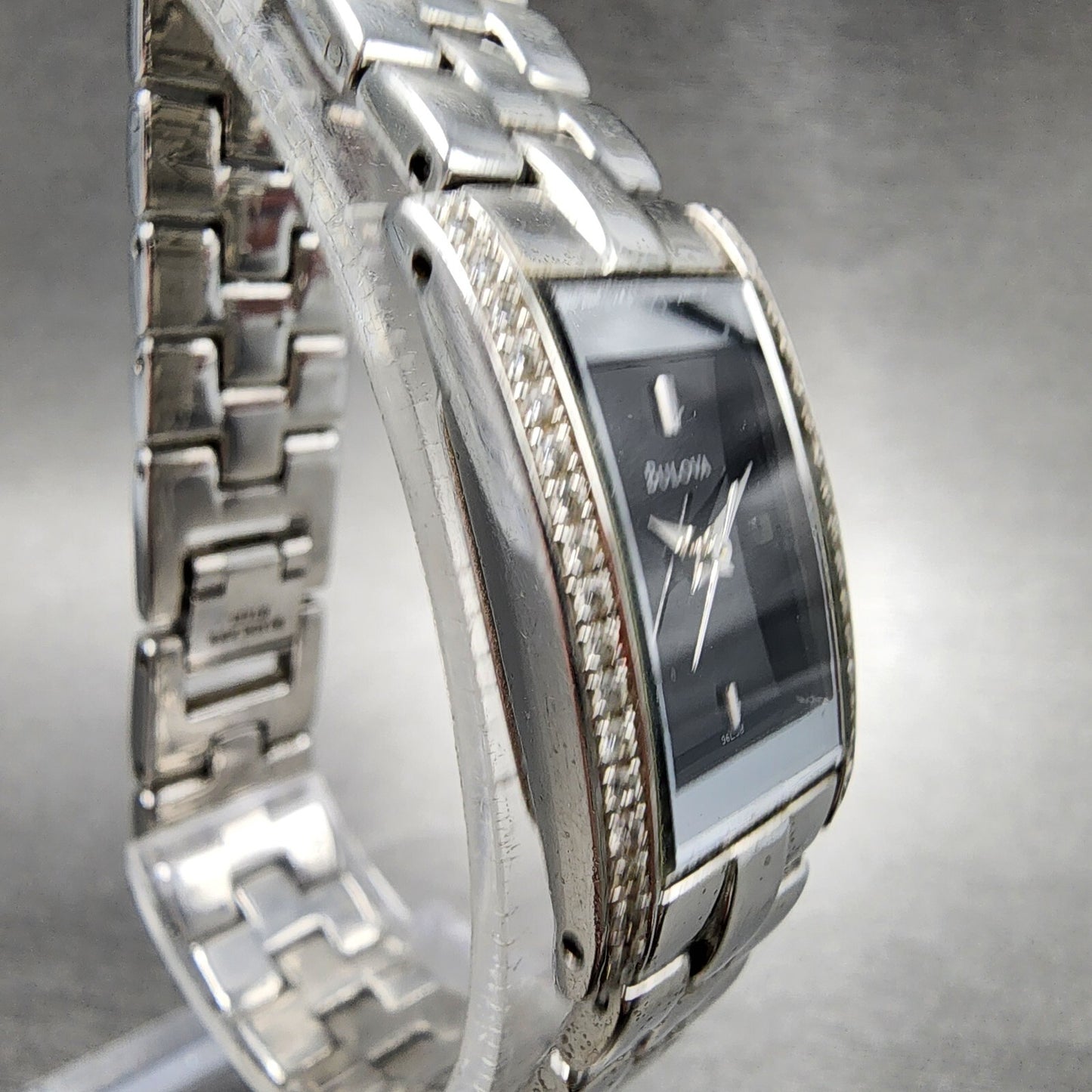 Bulova Tank Watch Women 18mm Black Dial Steel Crystals Rectangle New Battery