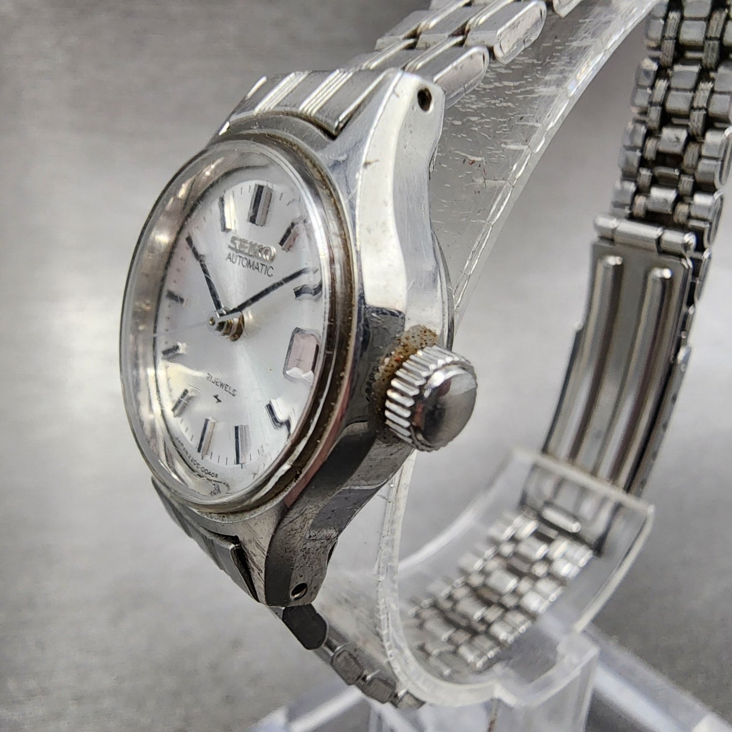Seiko Automatic Watch Women 22mm Silver Dial Silver Tone Date 2205-0040 Runs