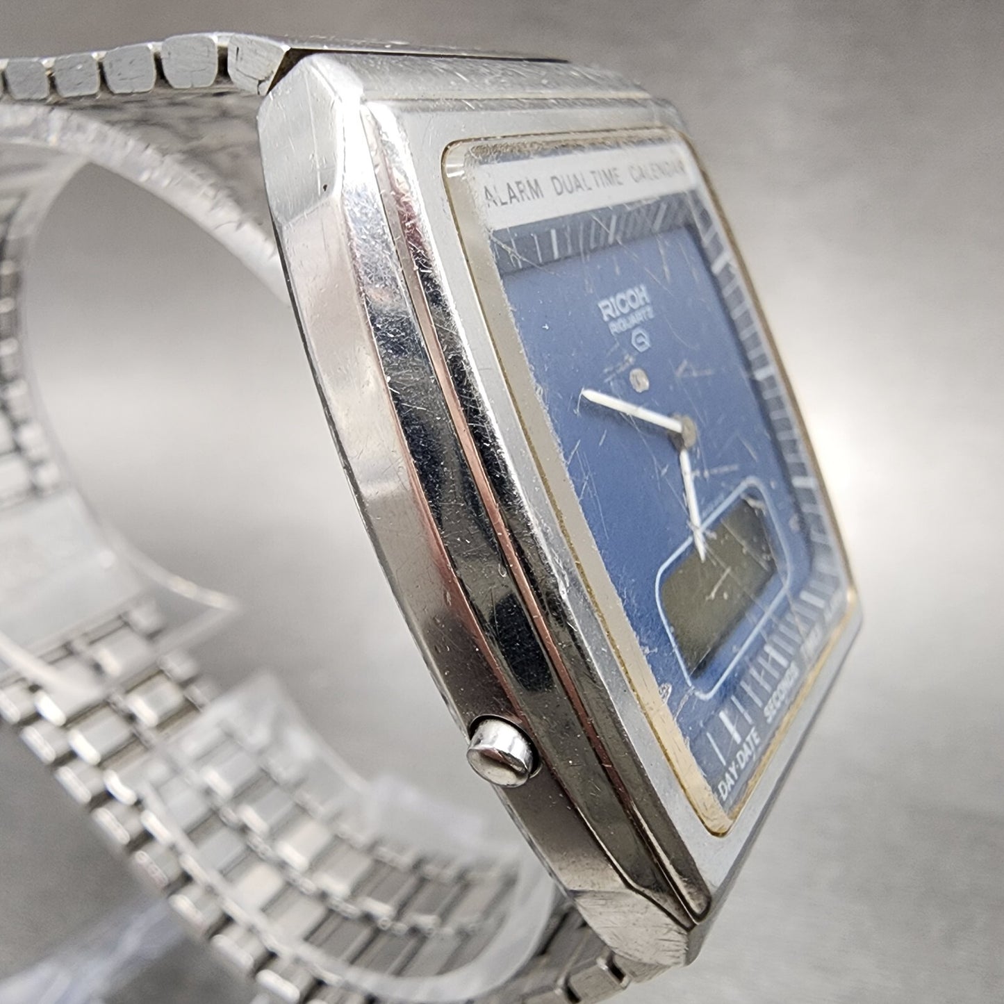 Ricoh Analog Digital Watch Men 33mm Blue Dial Steel Rectangle  PARTS