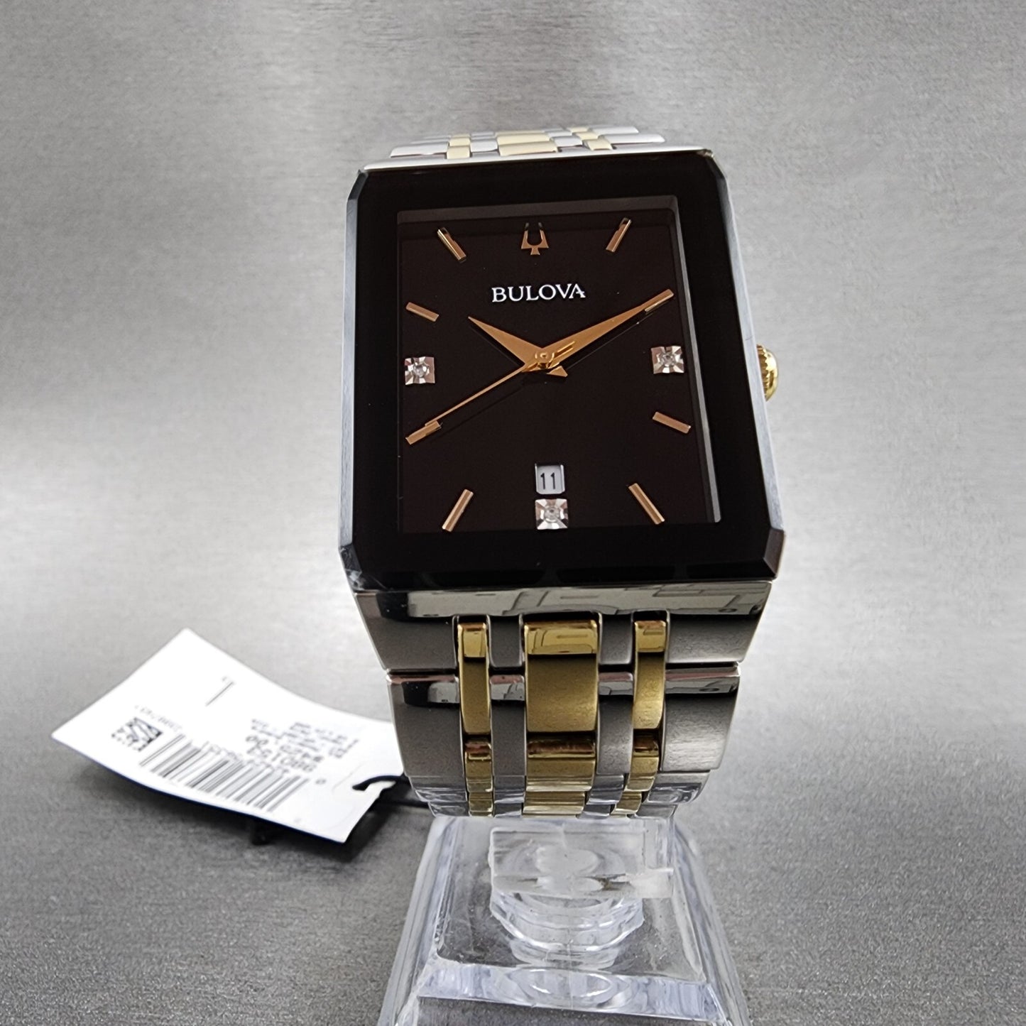 Bulova Quadra Tank Watch Women 21mm Black Dial Two Tone Rectangle 98P185 CHIPPED