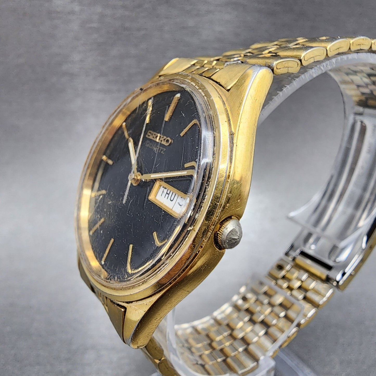 Seiko Watch Men 35mm Black Dial Gold Tone Daydate 7n43-8a39 New Battery READ