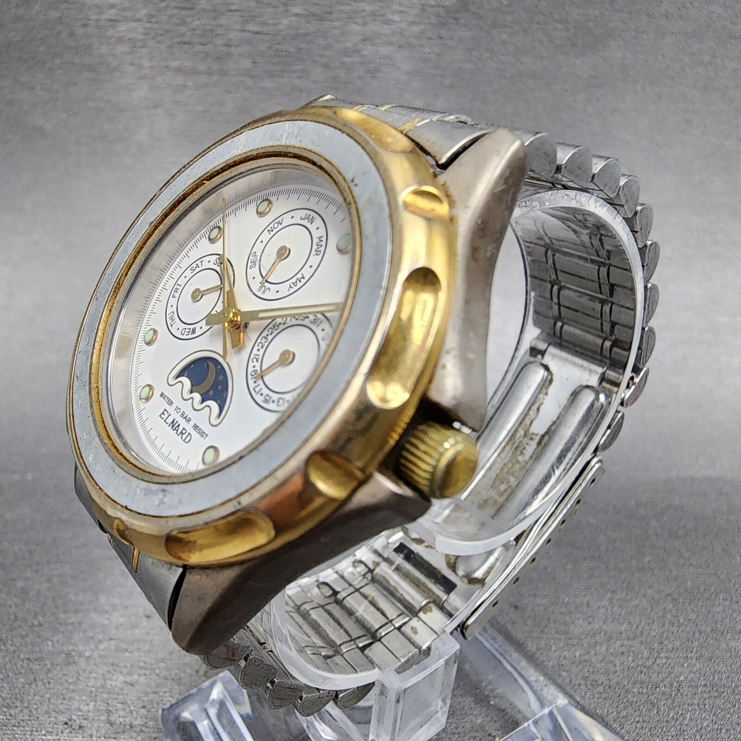 Elnard Triple Calendar Watch Men 37mm White Dial Two Tone Sun&Moon Round New Bat