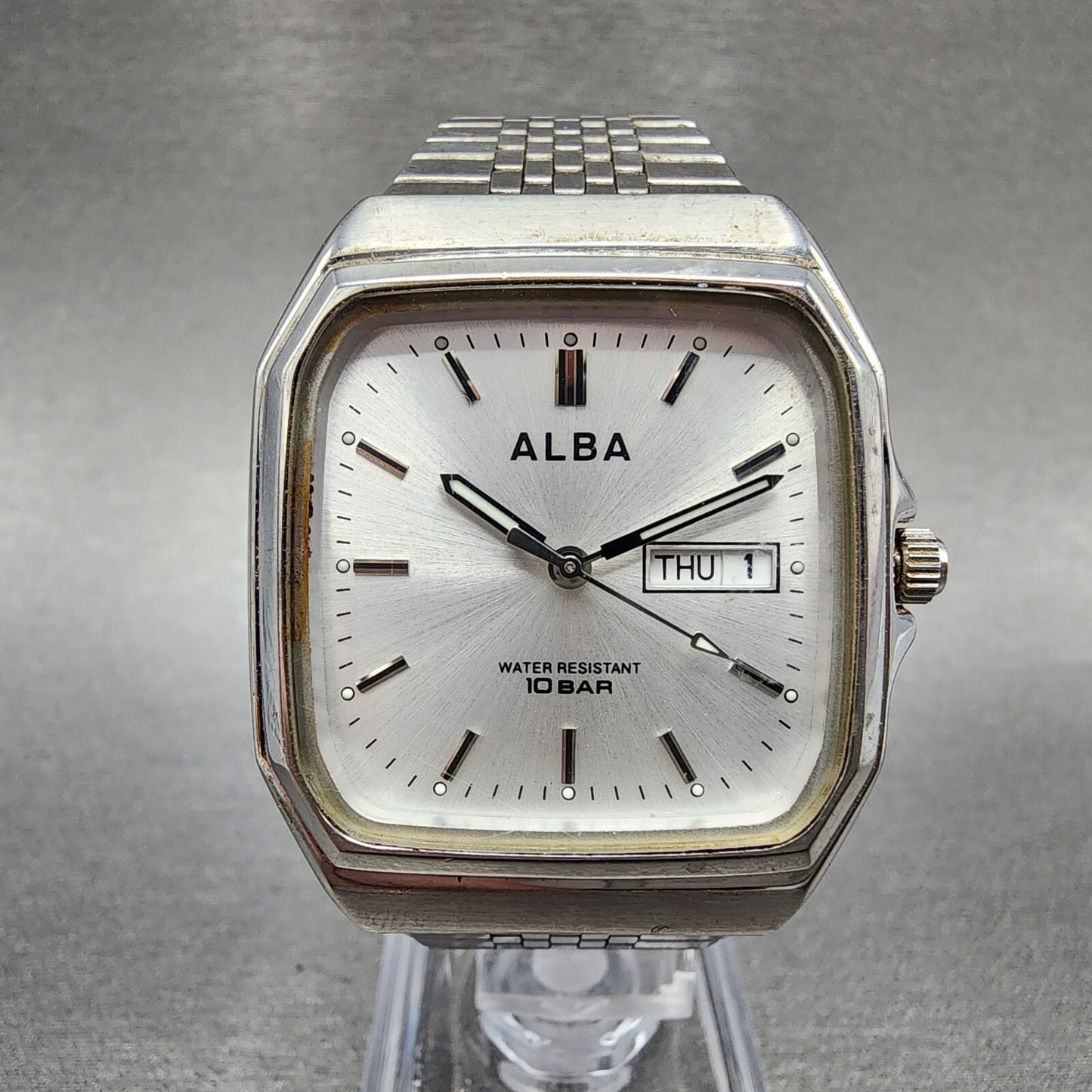 Seiko Alba Watch Men 33mm Silver Dial Silver Tone Daydate 7n33-k003 New Battery