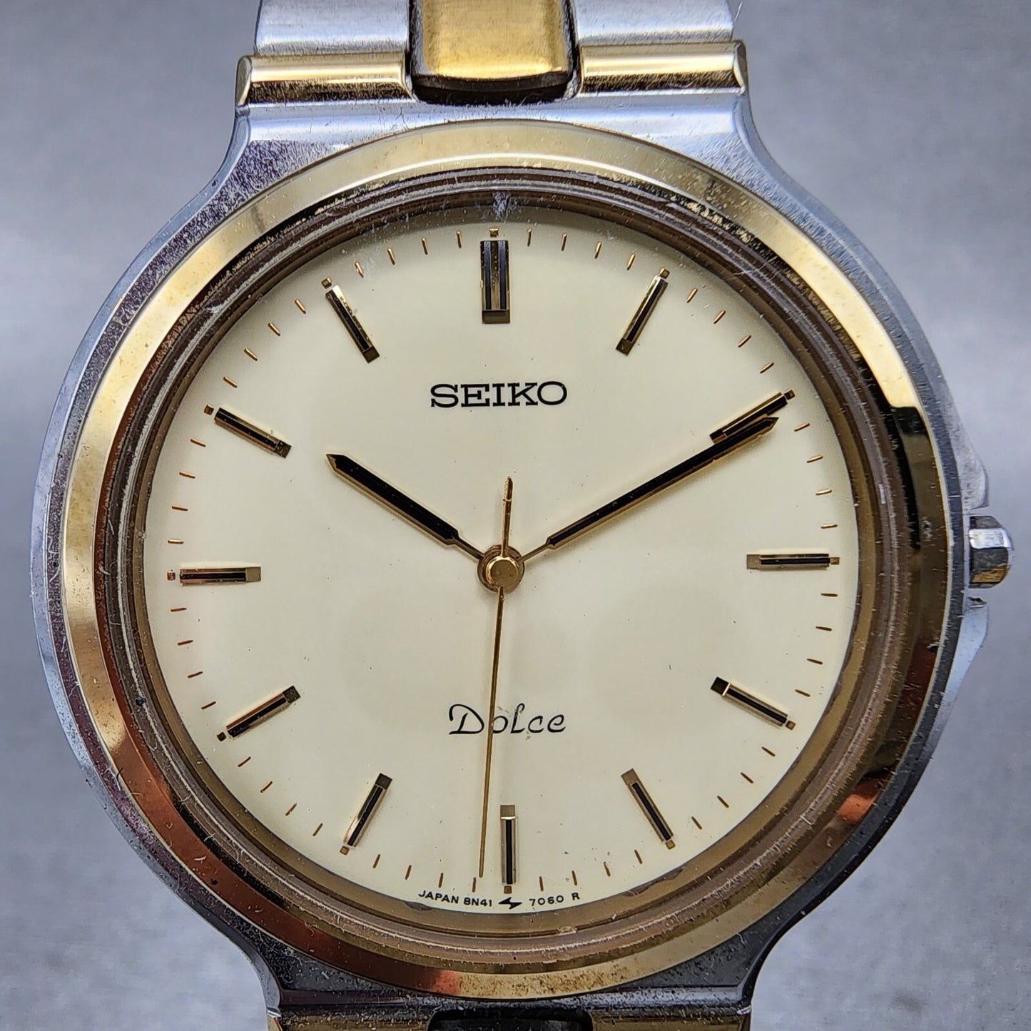 Seiko Dolce Watch Men 35mm Cream Dial Two Tone Round 8N41-7020 New Battery