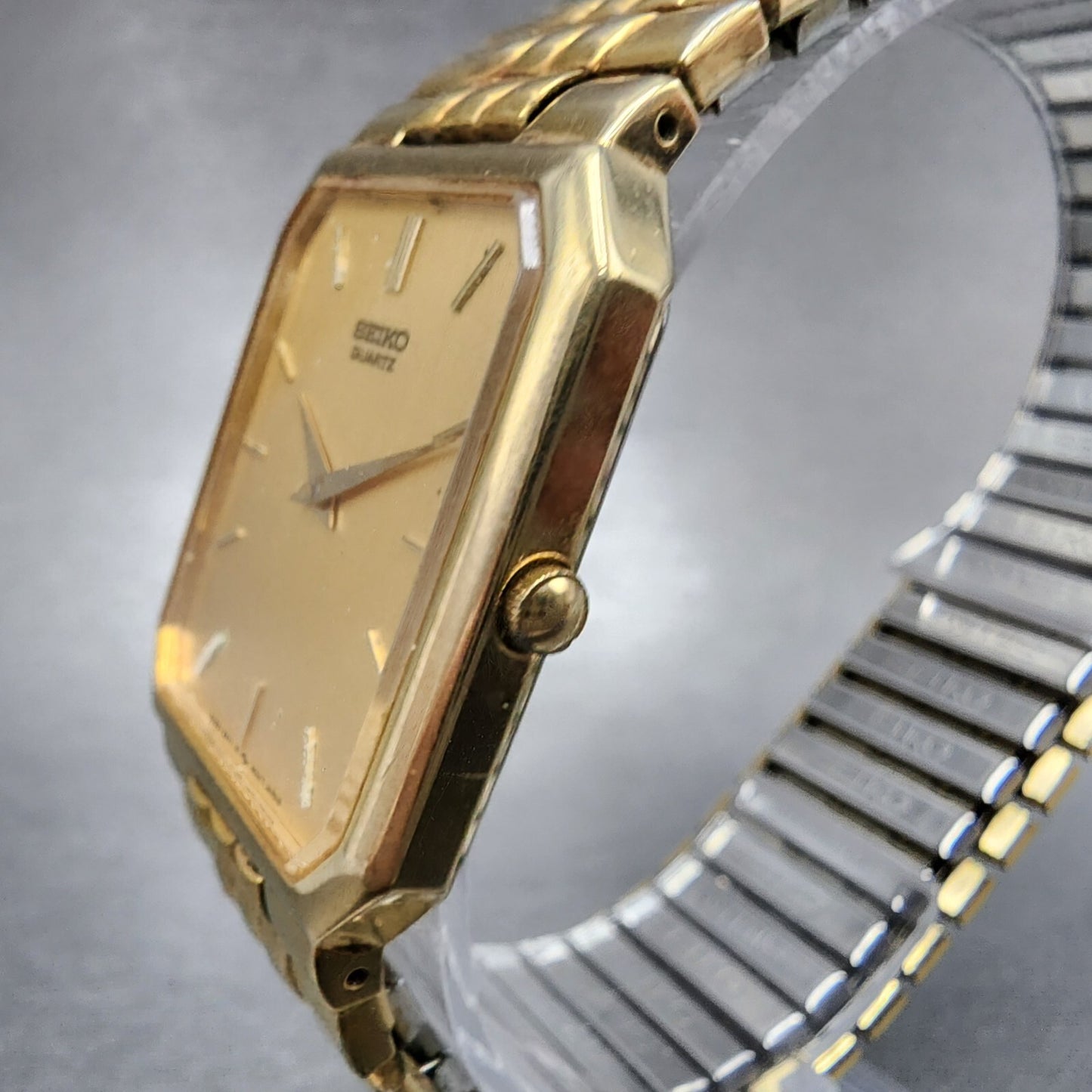Seiko Tank Watch Men 26mm Gold Dial Gold Tone Octagon 5Y30-5K09 New Battery