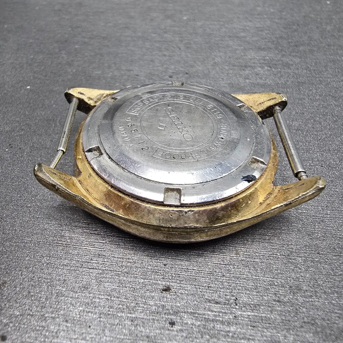 Seiko 5 Automatic Watch Men 37mm Black Gold Tone Daydate 6119-8080 Round PARTS12