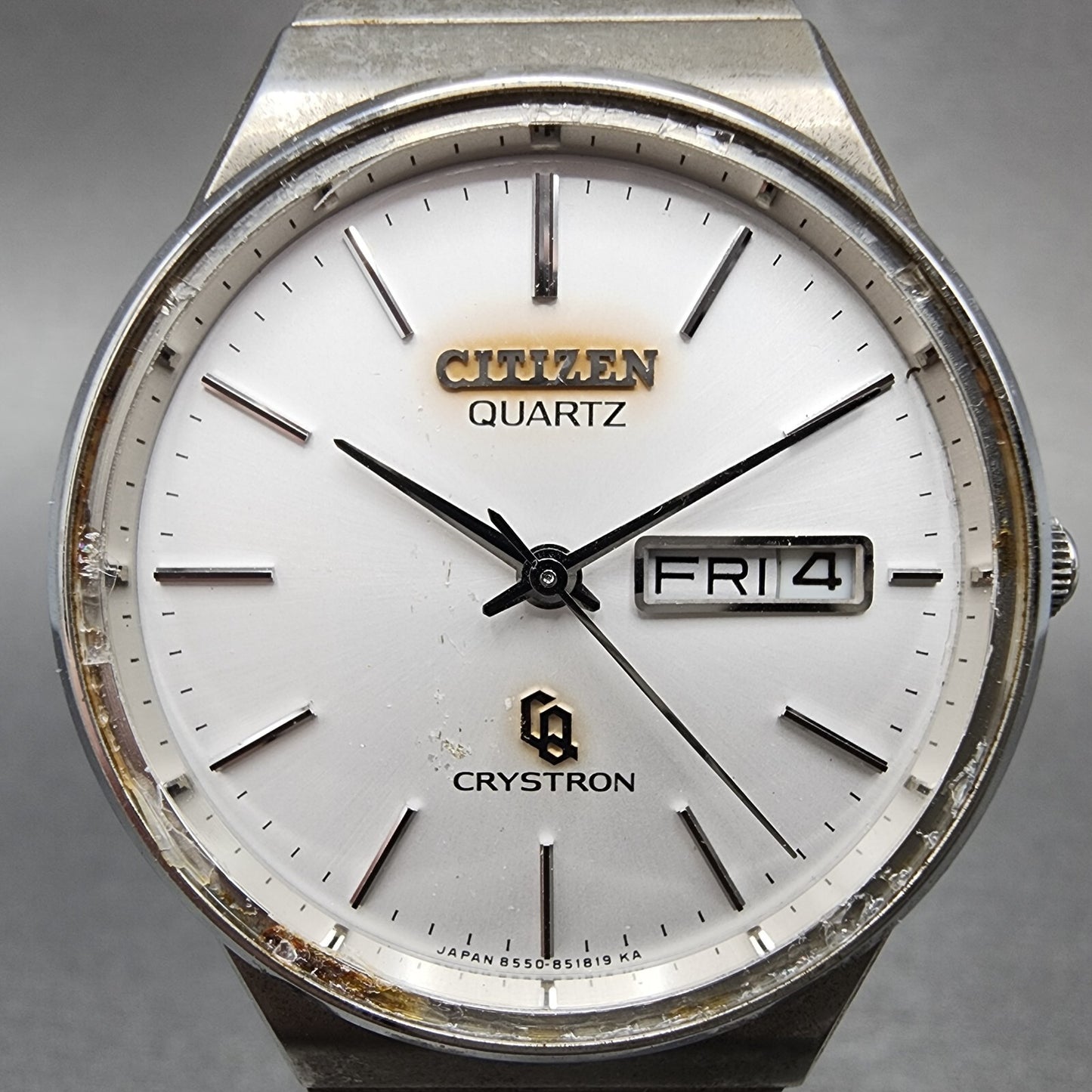 Citizen CQ Crystron Watch Men 33mm White Dial Steel Daydate 4-851153 8550 PARTS
