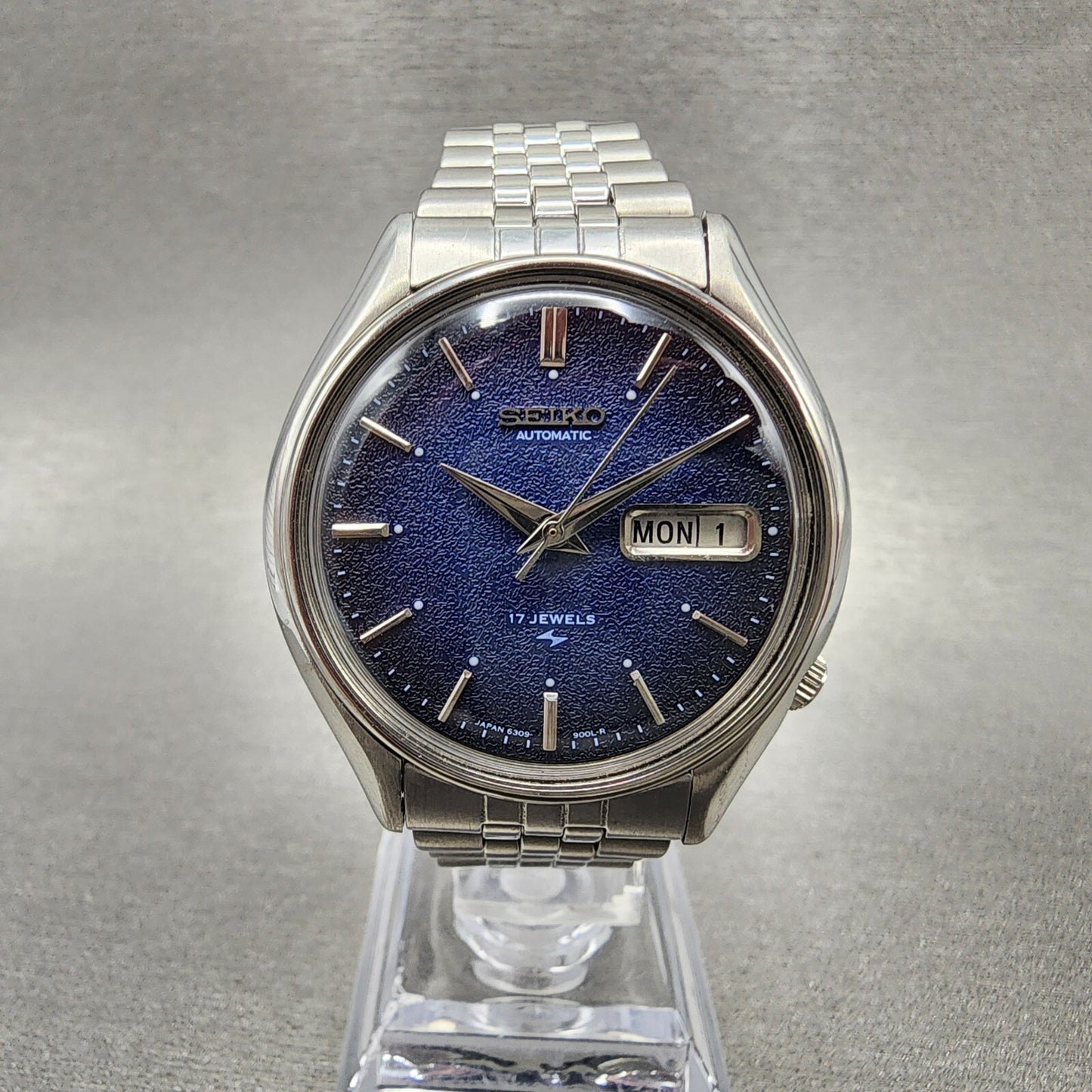 Seiko Automatic Watch Men 38mm Blue Texture Dial Steel Daydate 6309-8480 Runs AB