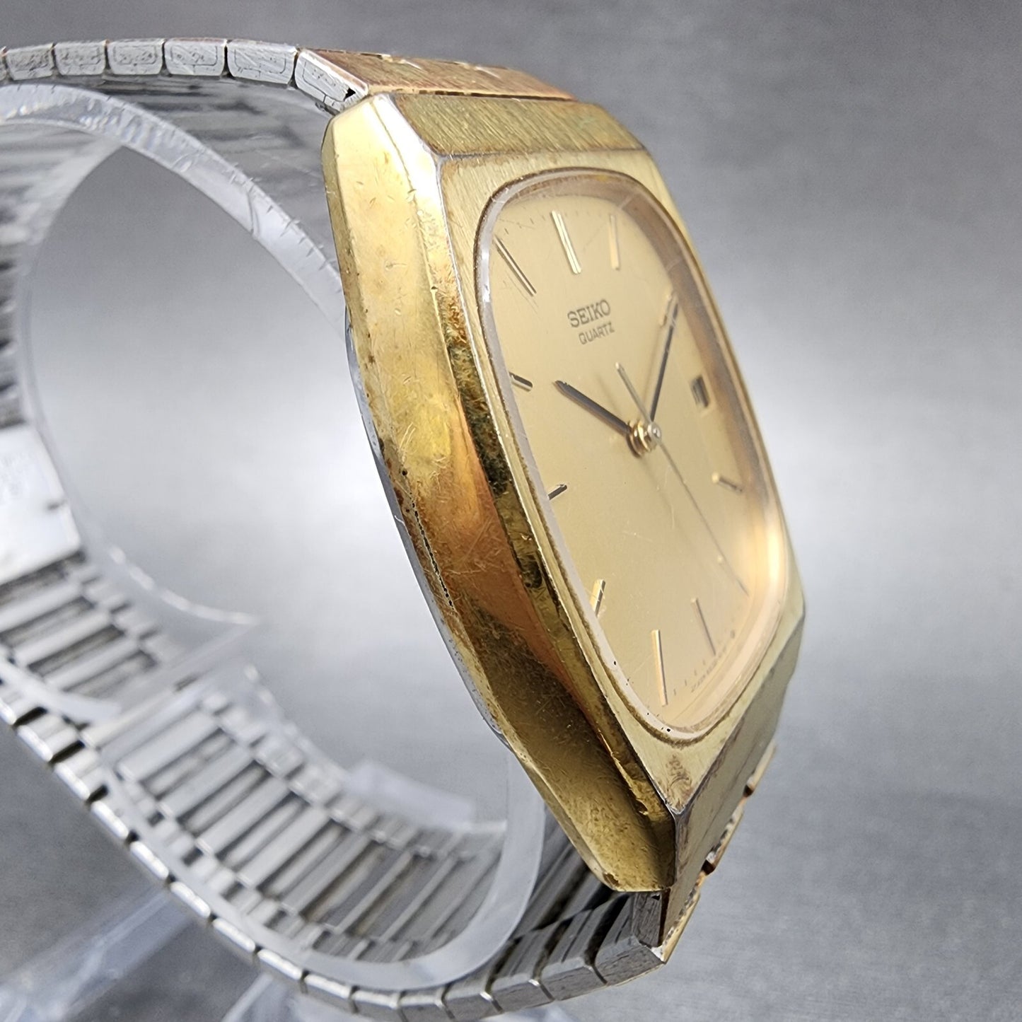 Seiko Tank Watch Men 28mm Gold Dial Gold Tone Rectangle 6532-5119 New Battery