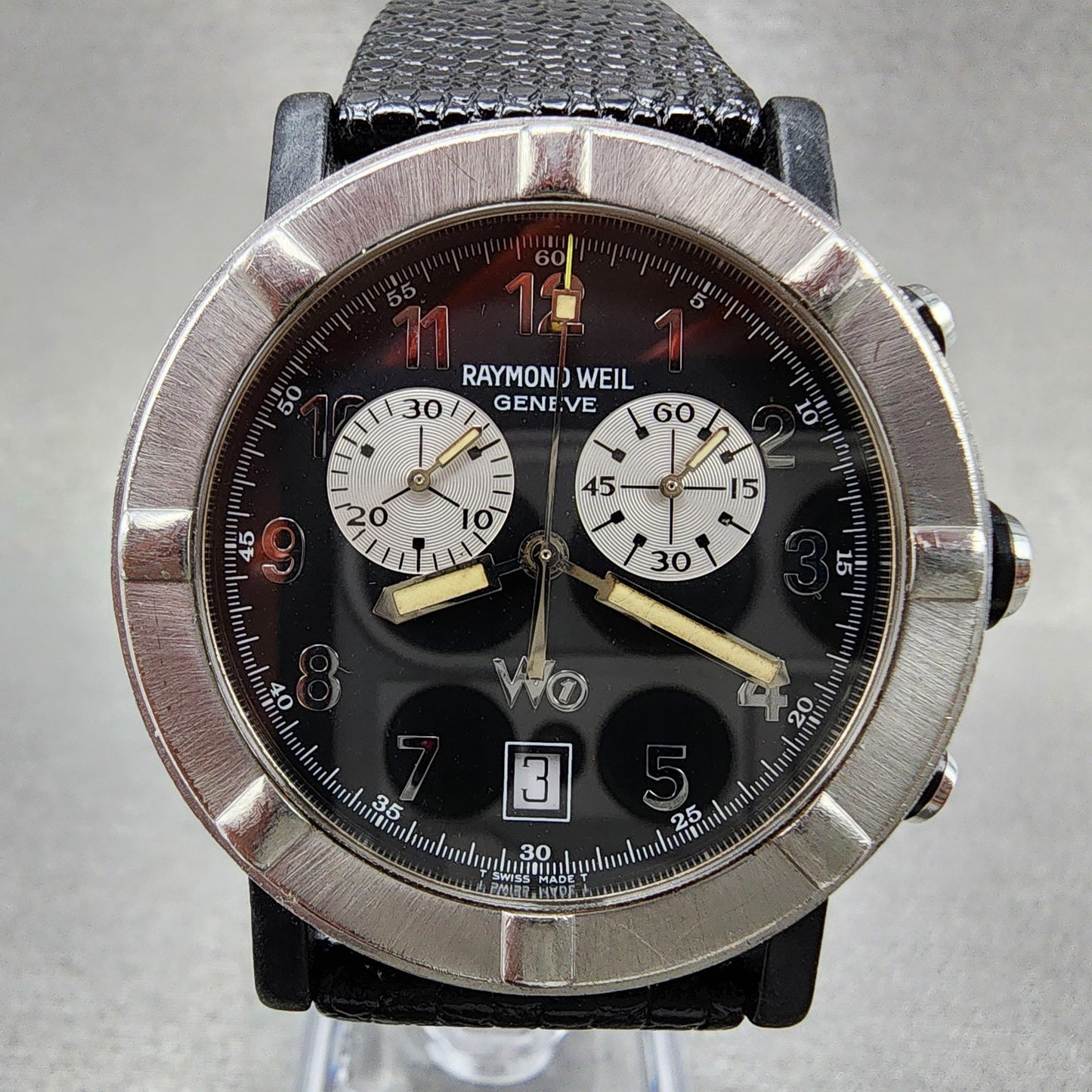 Raymond Weil W1 Chronograph Watch Men 38mm Black Dial Steel Date READ!! New Batt
