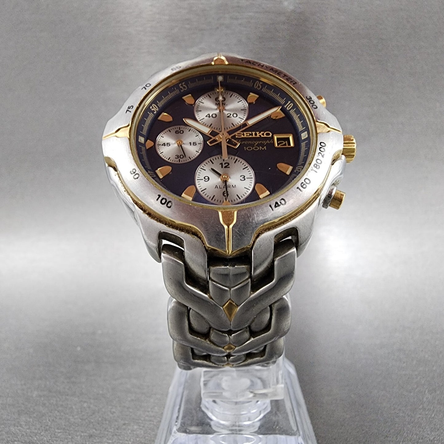 Seiko Chronograph Watch Men 38mm Blue Dial Two Tone Date 7t62-0ch0 New Battery