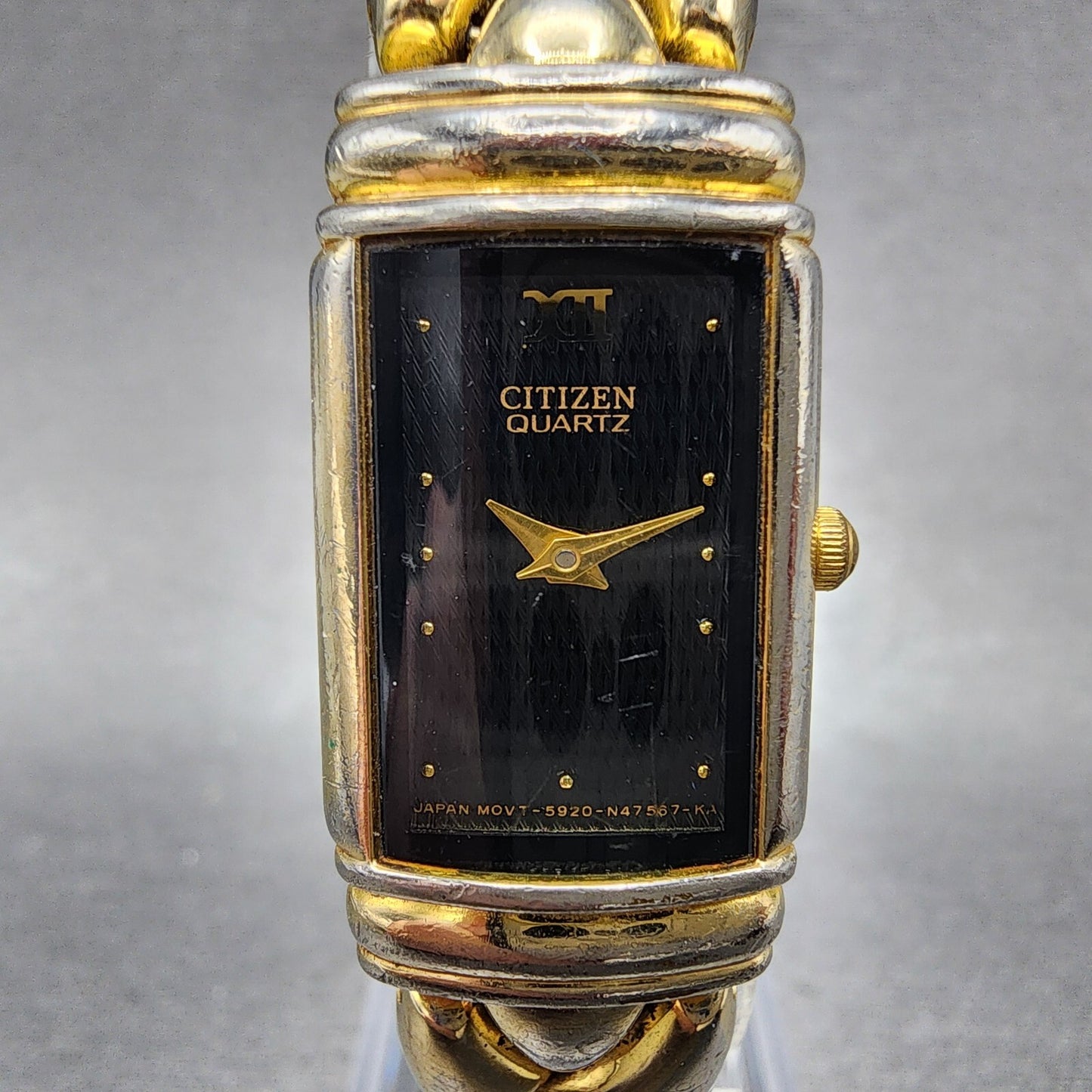 Citizen Tank Watch Women 17mm Black Dial Gold Tone Rectangle New Battery