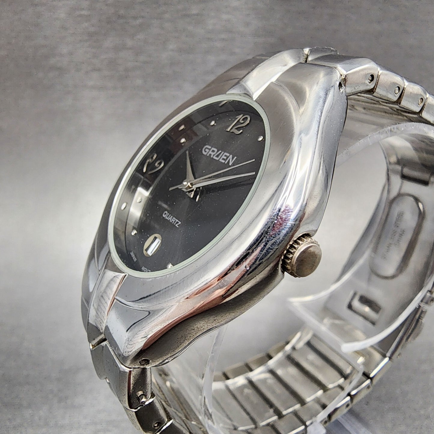 Gruen Watch Men 37mm Gray Dial Silver Tone Date Round PC32 New Battery
